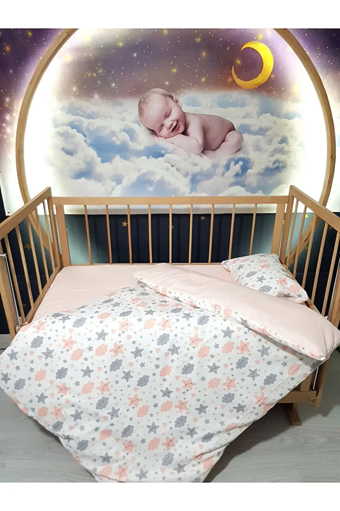 90x130 Bebek Uyku Seti 5'li - Somon Bulut Yıldız Desenli (TÜM ÖLÇÜLERE UYGUN)