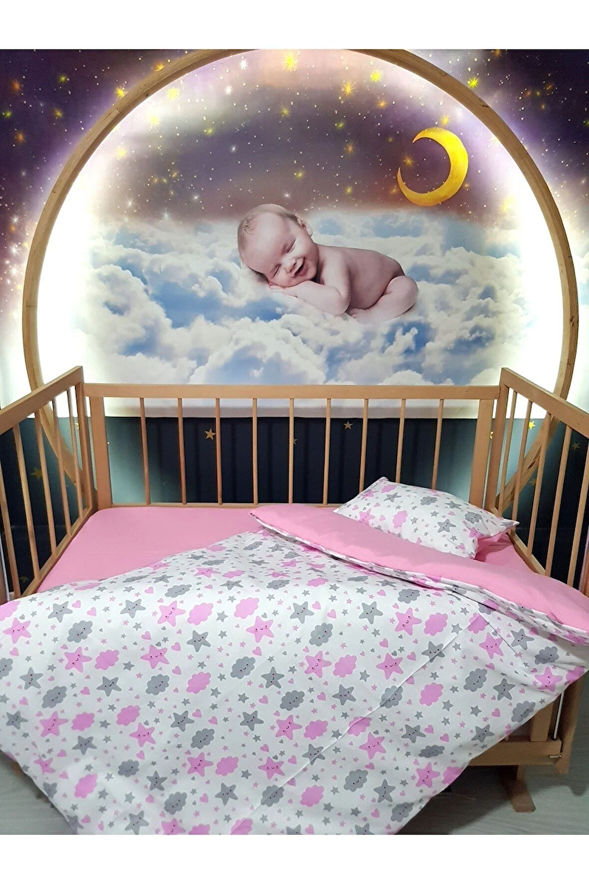 90x130 Bebek Uyku Seti 5'li - Pembe Bulut Yıldız Desenli (TÜM ÖLÇÜLERE UYGUN)