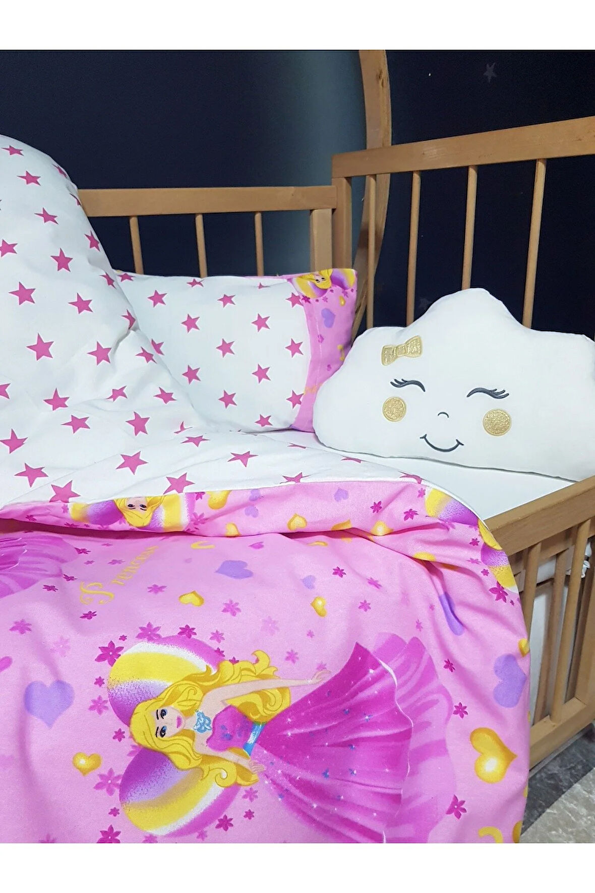 Kız Bebek Uyku Seti - Çift Taraflı 95x135 Yorgan, Yastık, Çarşaf, Bulut Yastık