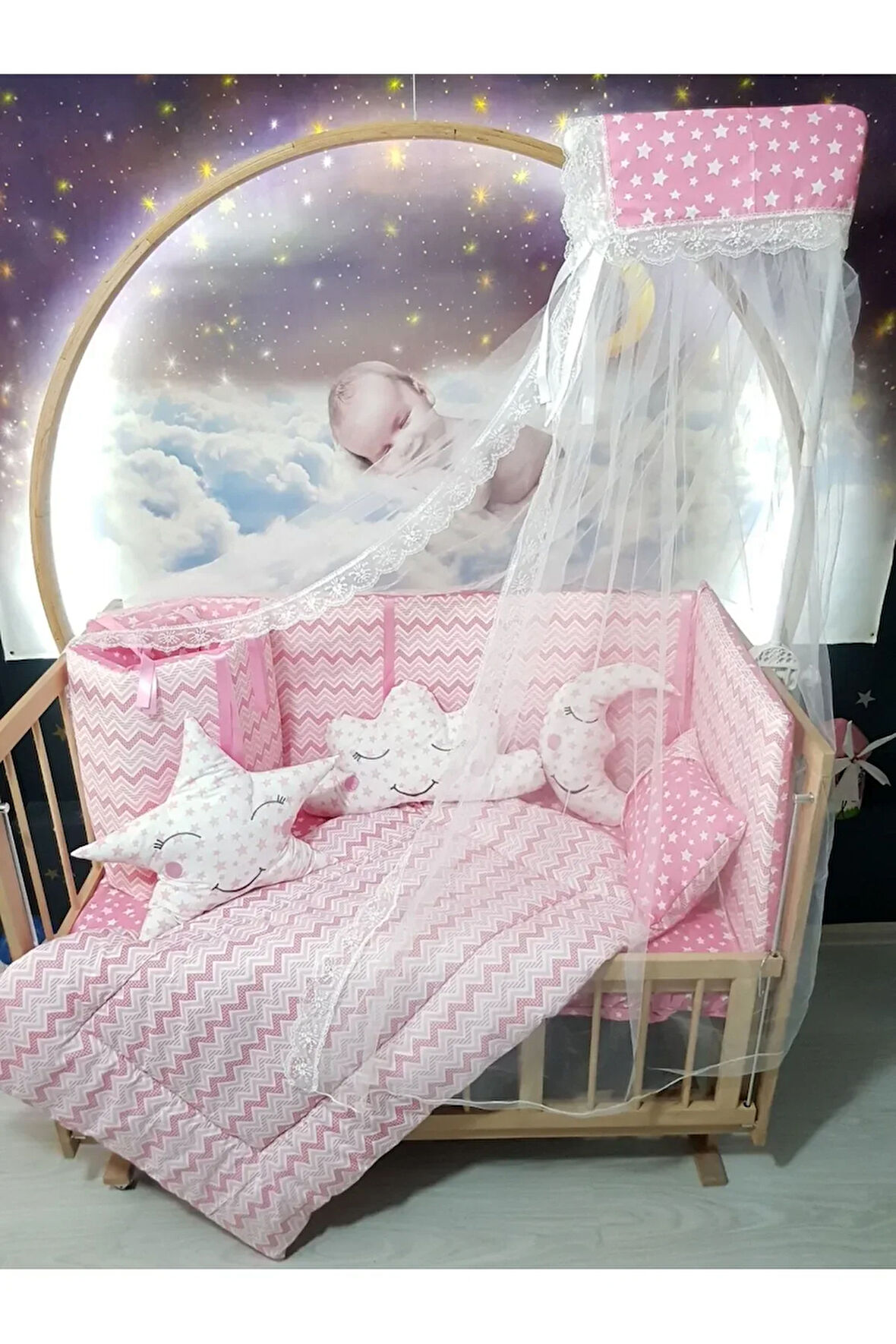 60x120 Bebek Uyku Seti - Cibinlik Ve Aparat - Pembe İnce Zigzag Yıldız Desen