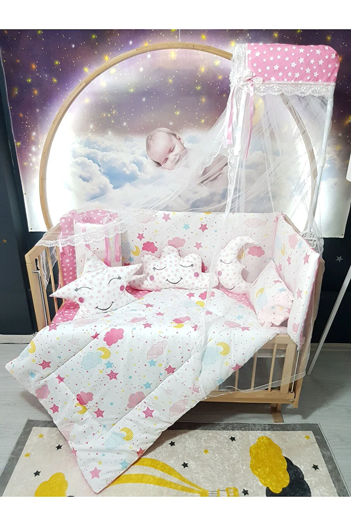 60x120 Bebek Uyku Seti 12 Parça - Cibinlik Ve Aparat Dahil - Ay Bulut Yıldız