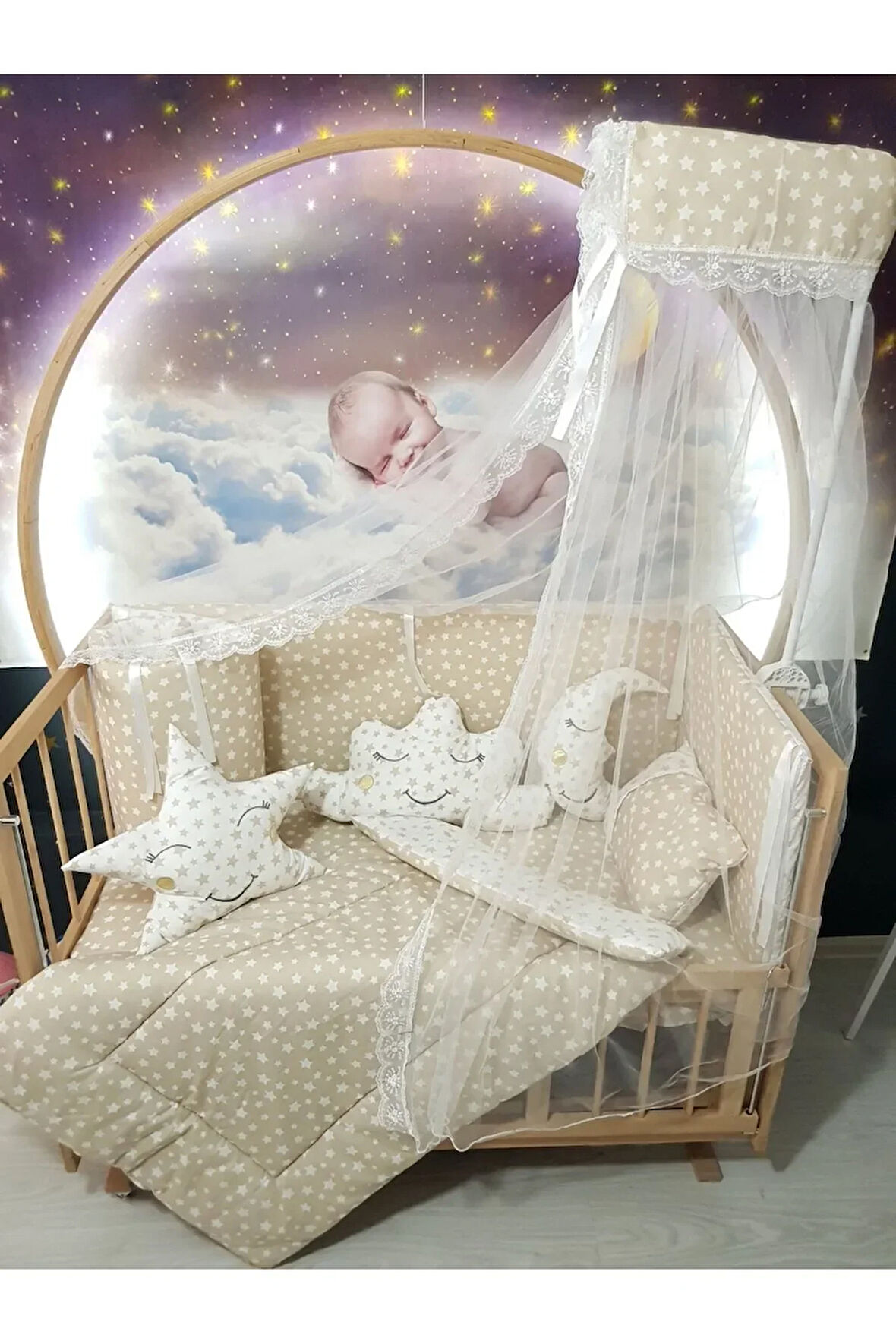 60x120 Bebek Uyku Seti - Cibinlik Ve Aparat - Kahverengi Yıldız Desen