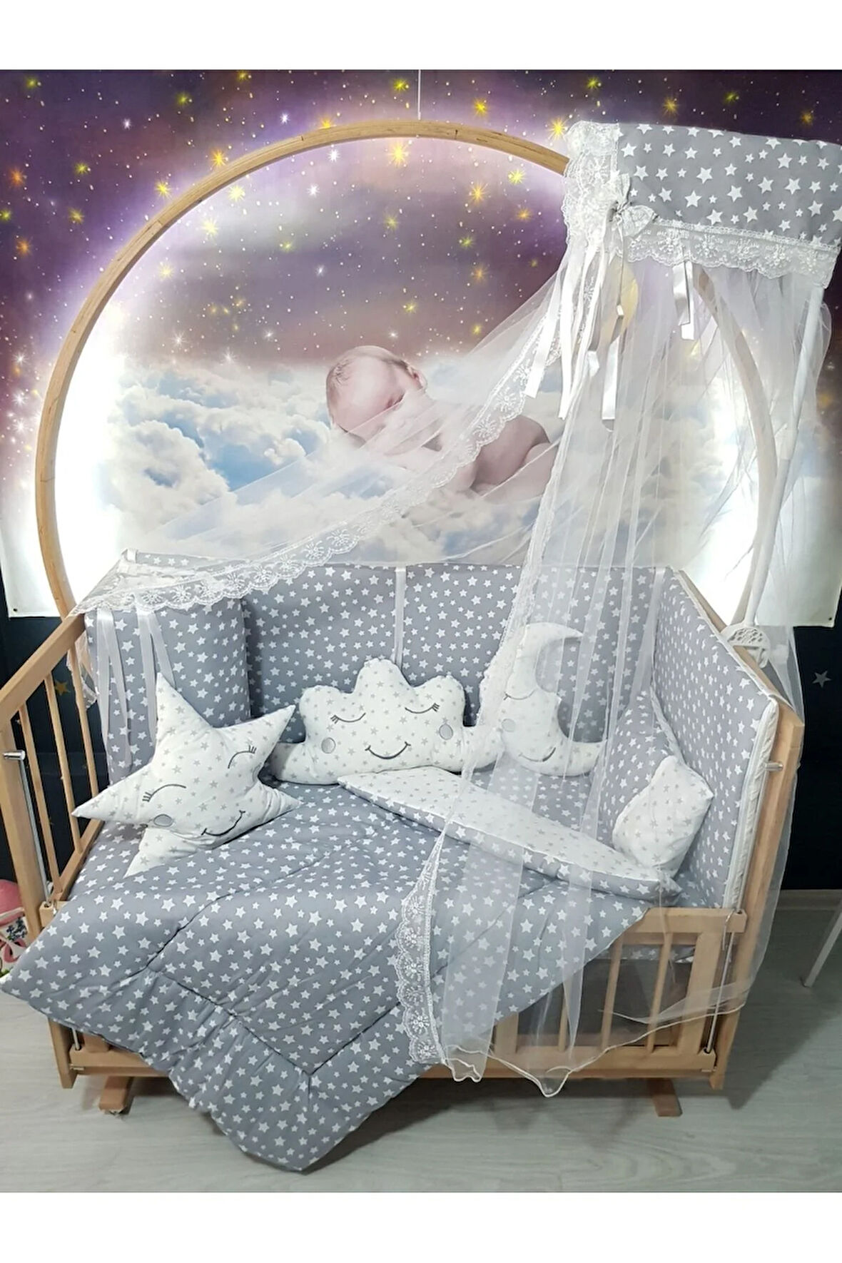 60x120 Bebek Uyku Seti - Cibinlik Ve Aparat - Gri Yıldız Desen