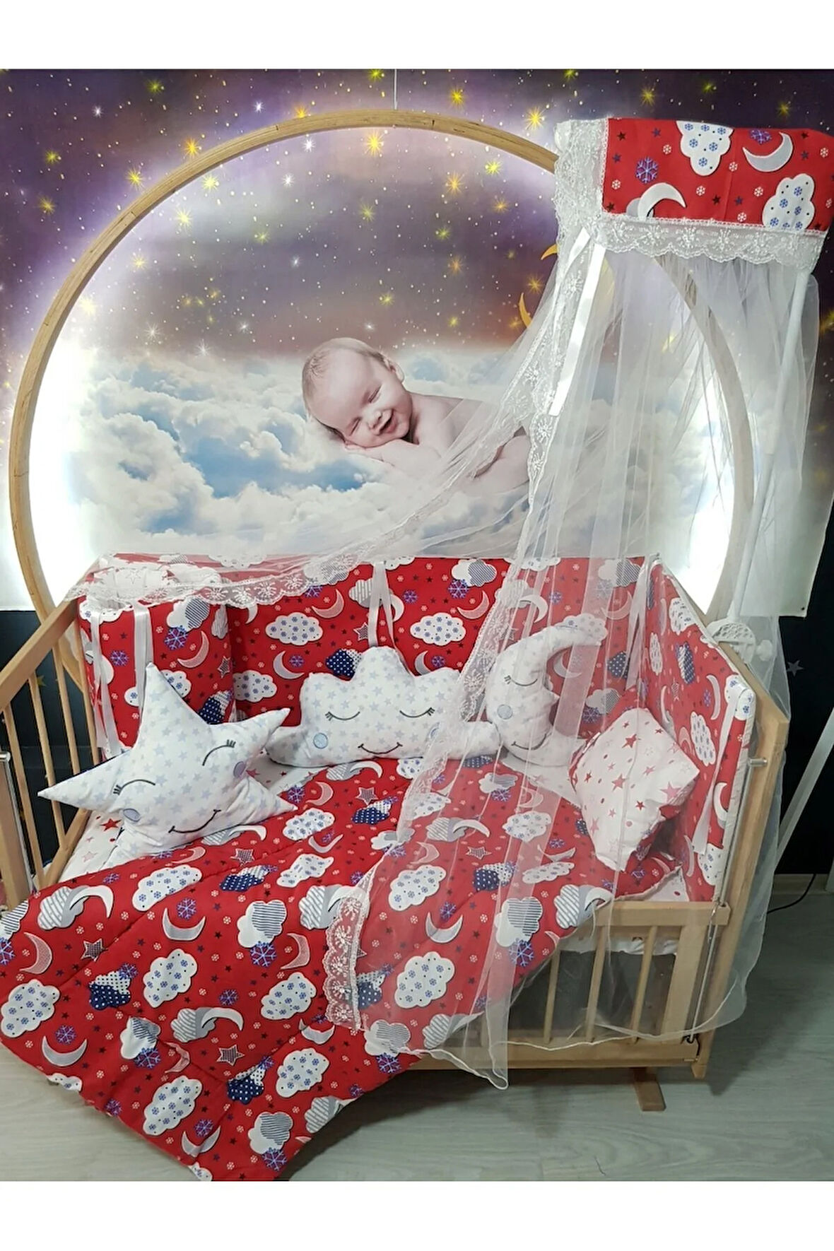 60x120 Bebek Uyku Seti - Cibinlik Ve Aparat - Kırmızı Bulut Yıldız Desen
