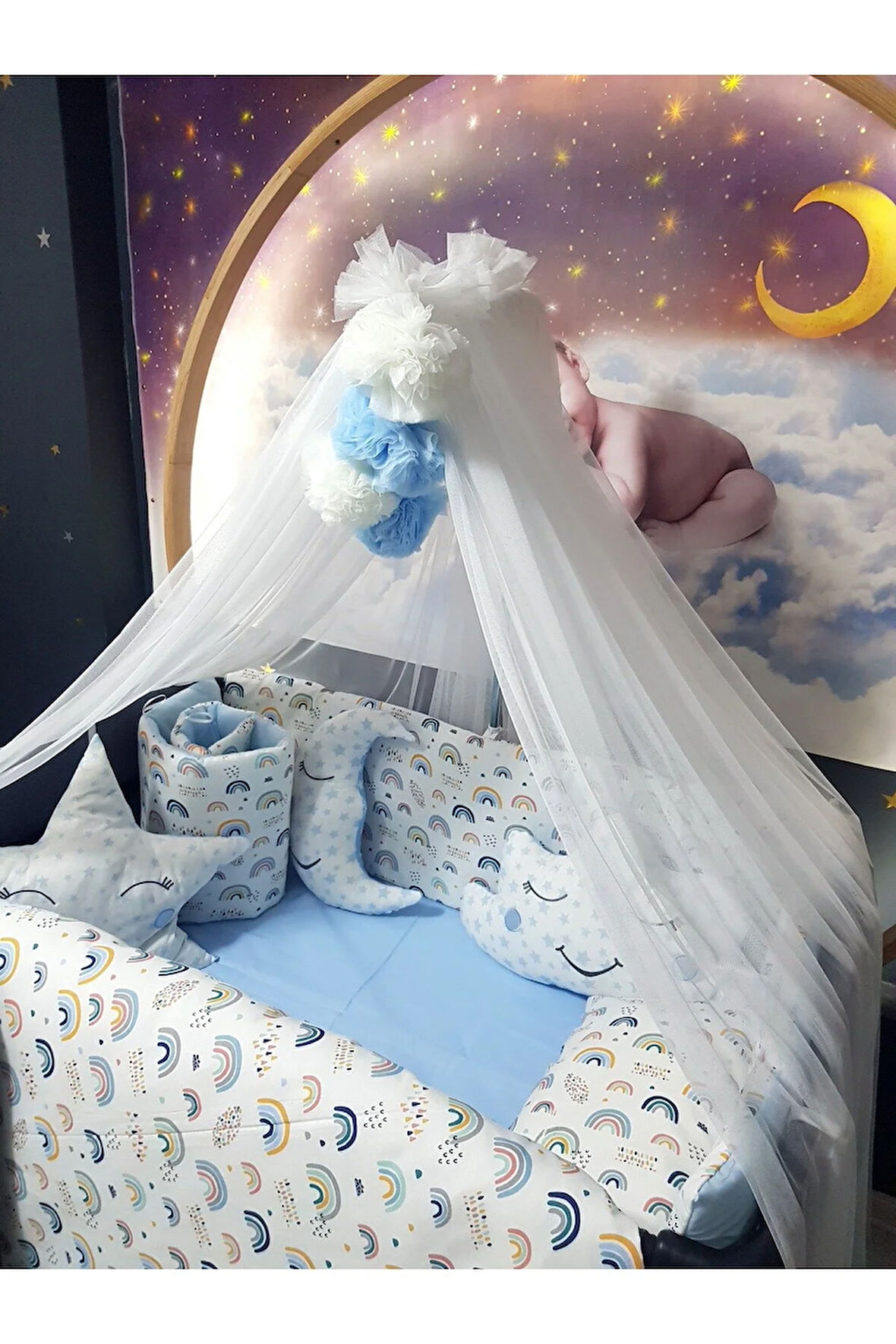 70x110 Bebek Uyku Seti 17 Parça Gökkuşağı Desenli Lüks Cibinlikli (Aparat Dahil)
