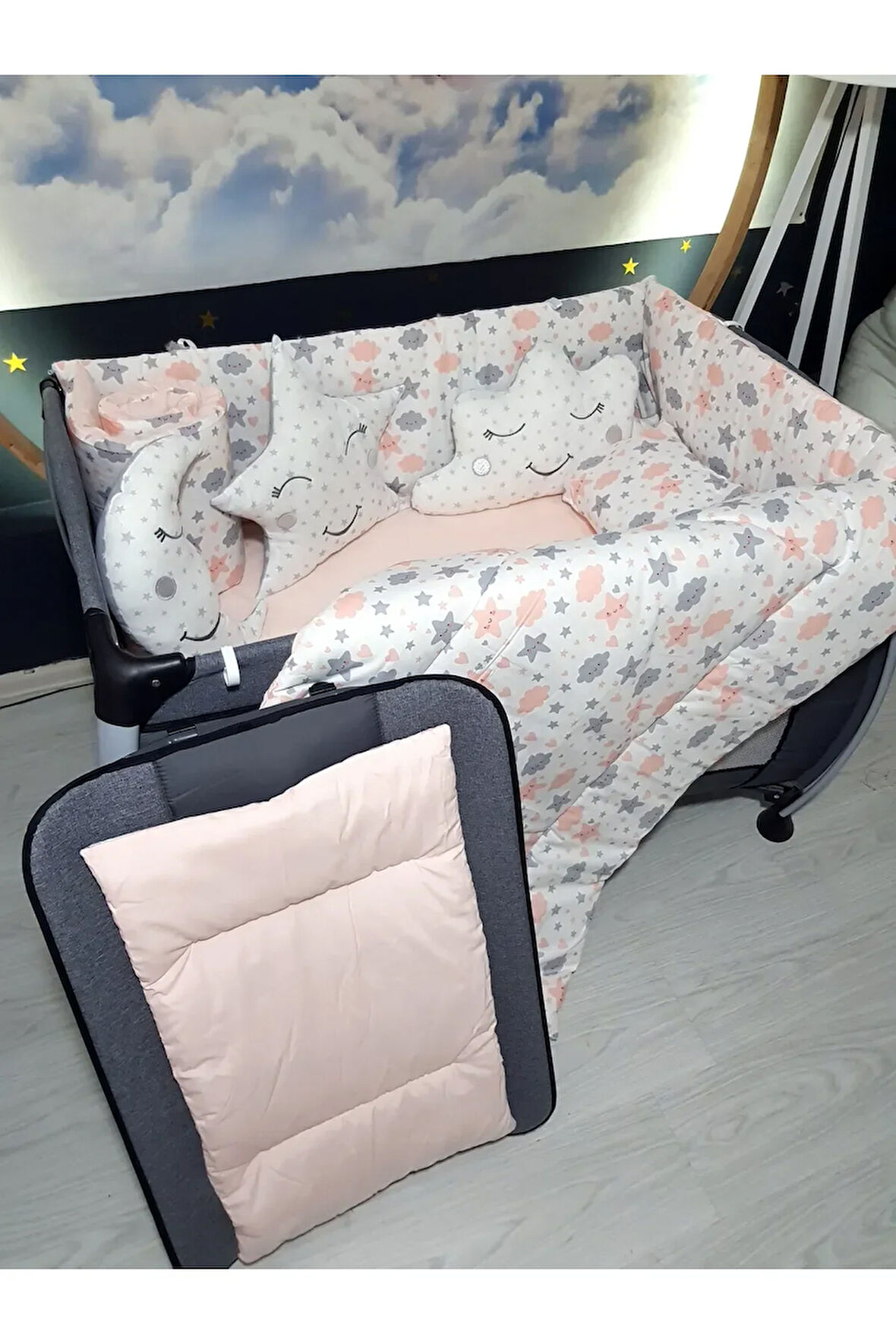 70x110 Bebek Uyku Seti - Cibinliksiz - Kalp Bulut Yıldız (PARK BEŞİK HARİÇ)