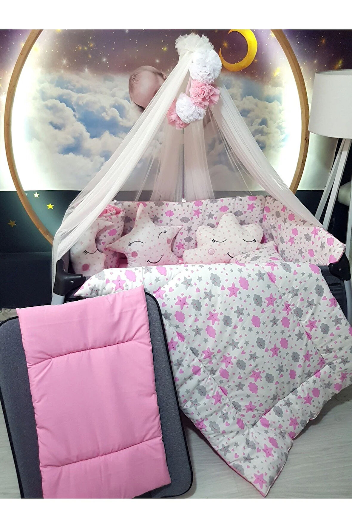 70x110 Bebek Uyku Seti - Lüks Cibinlik Ve Aparat Dahil - Kalp Bulut Yıldız