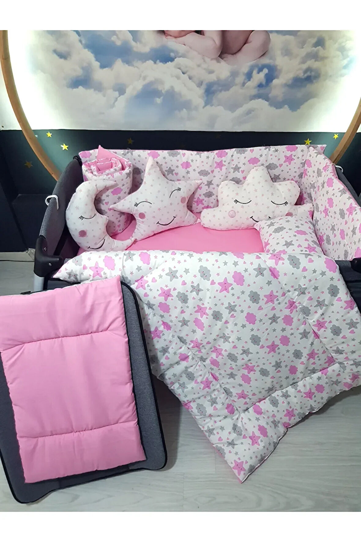 70x110 Bebek Uyku Seti - Cibinliksiz - Kalp Bulut Yıldız (PARK BEŞİK HARİÇ)