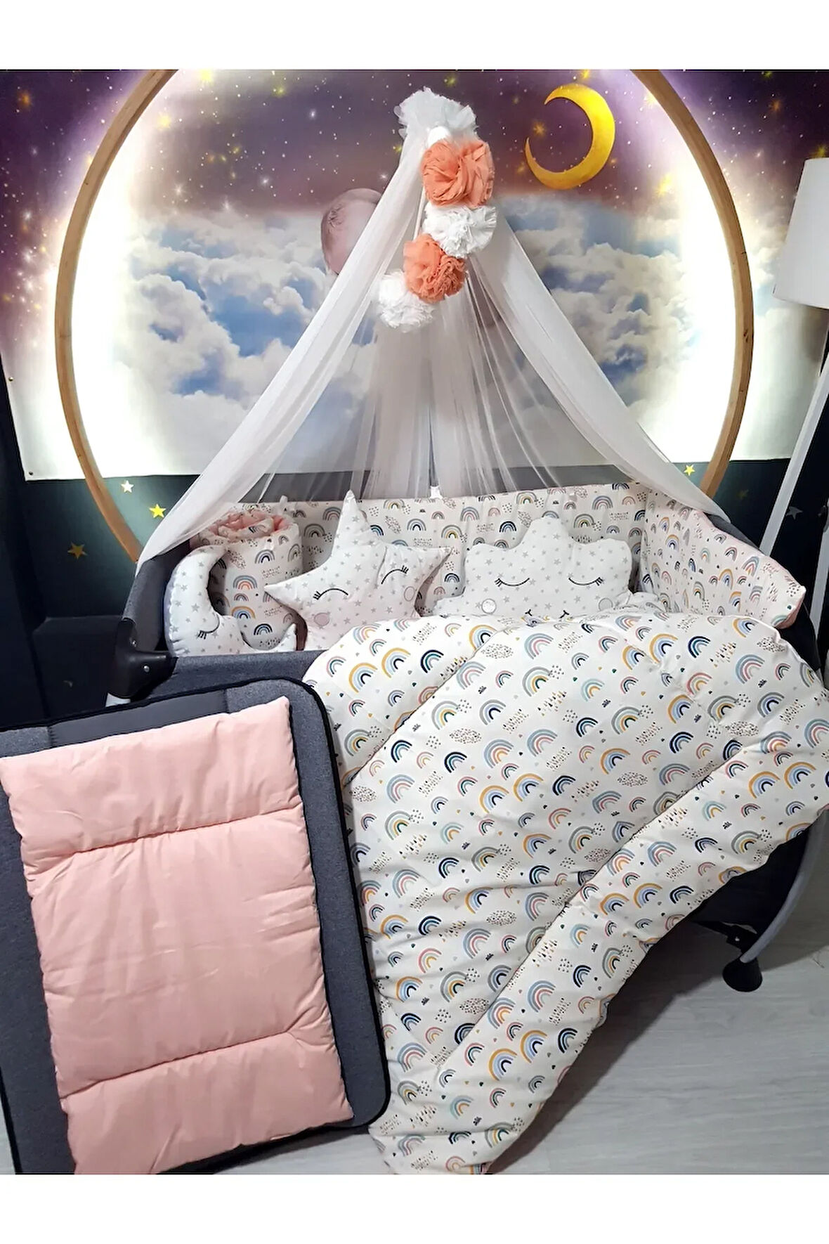 70x120 Bebek Uyku Seti - Lüks Cibinlik Ve Aparat Dahil - Gökkuşağı