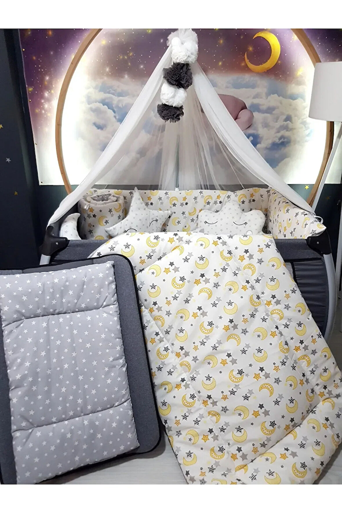 70x120 Bebek Uyku Seti - Lüks Cibinlik Ve Aparat Dahil - Ay Yıldız Desenli