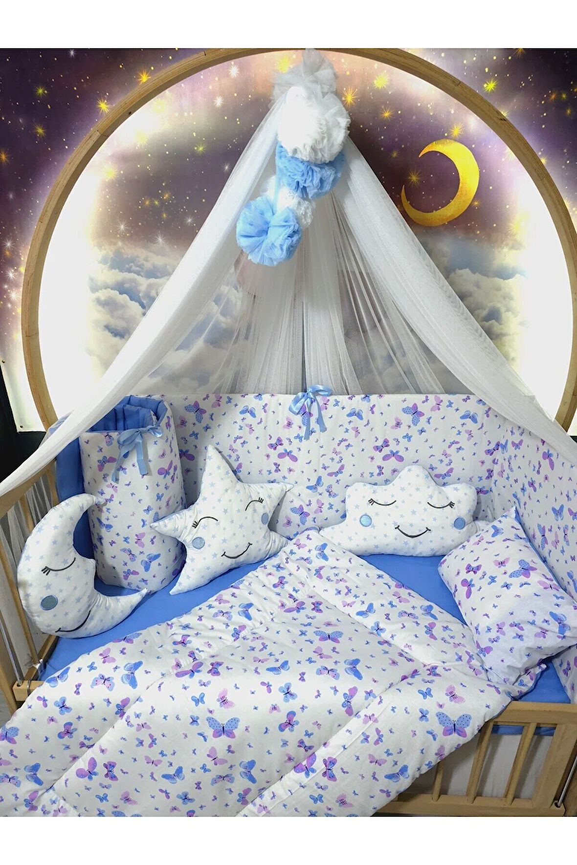 70x130 Bebek Uyku Seti - Lüks Cibinlik Ve Aparat Dahil - Kelebek Desenli