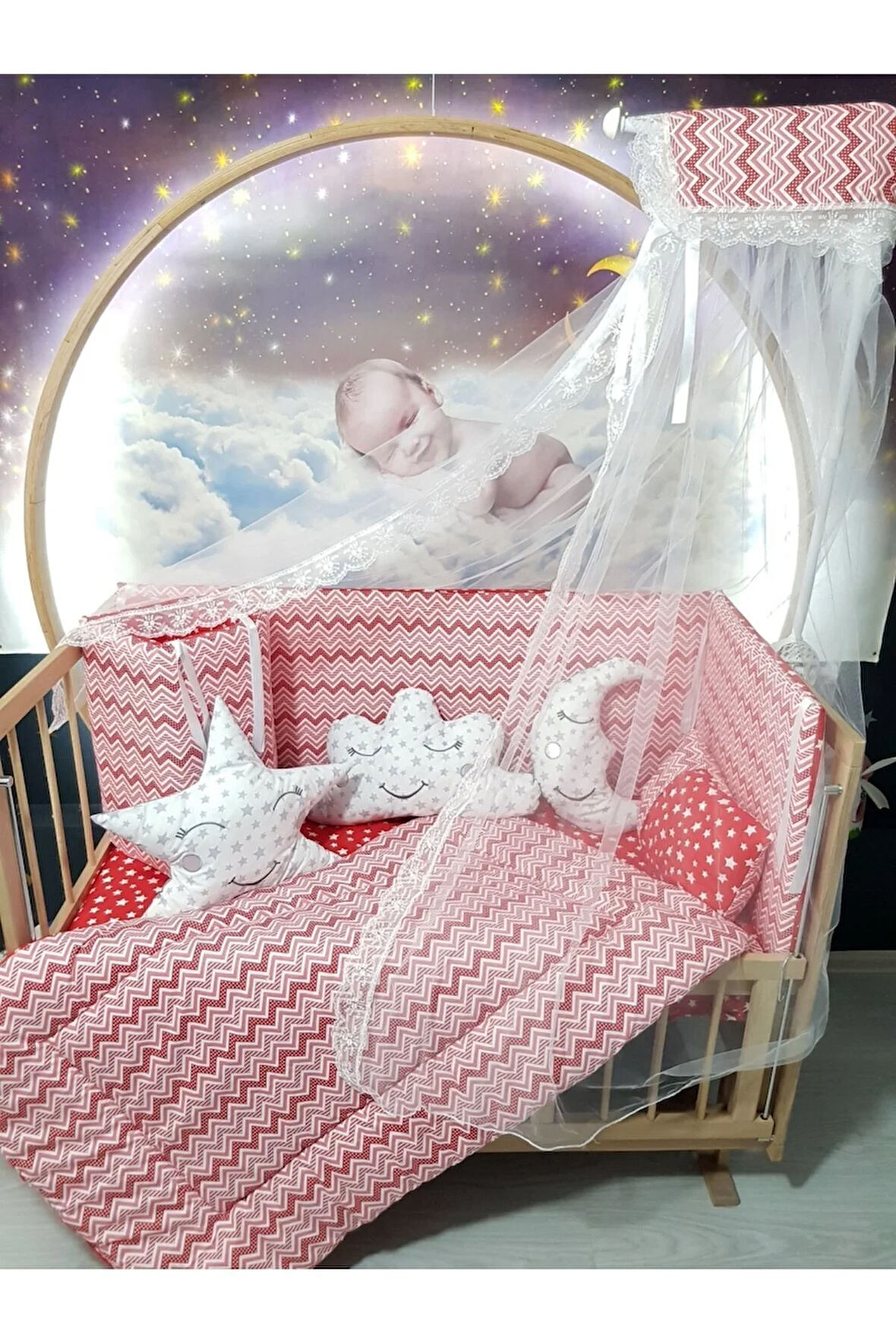 70x130 Bebek Uyku Seti - Cibinlik Ve Aparat - Kırmızı İnce Zigzag Yıldız Desen