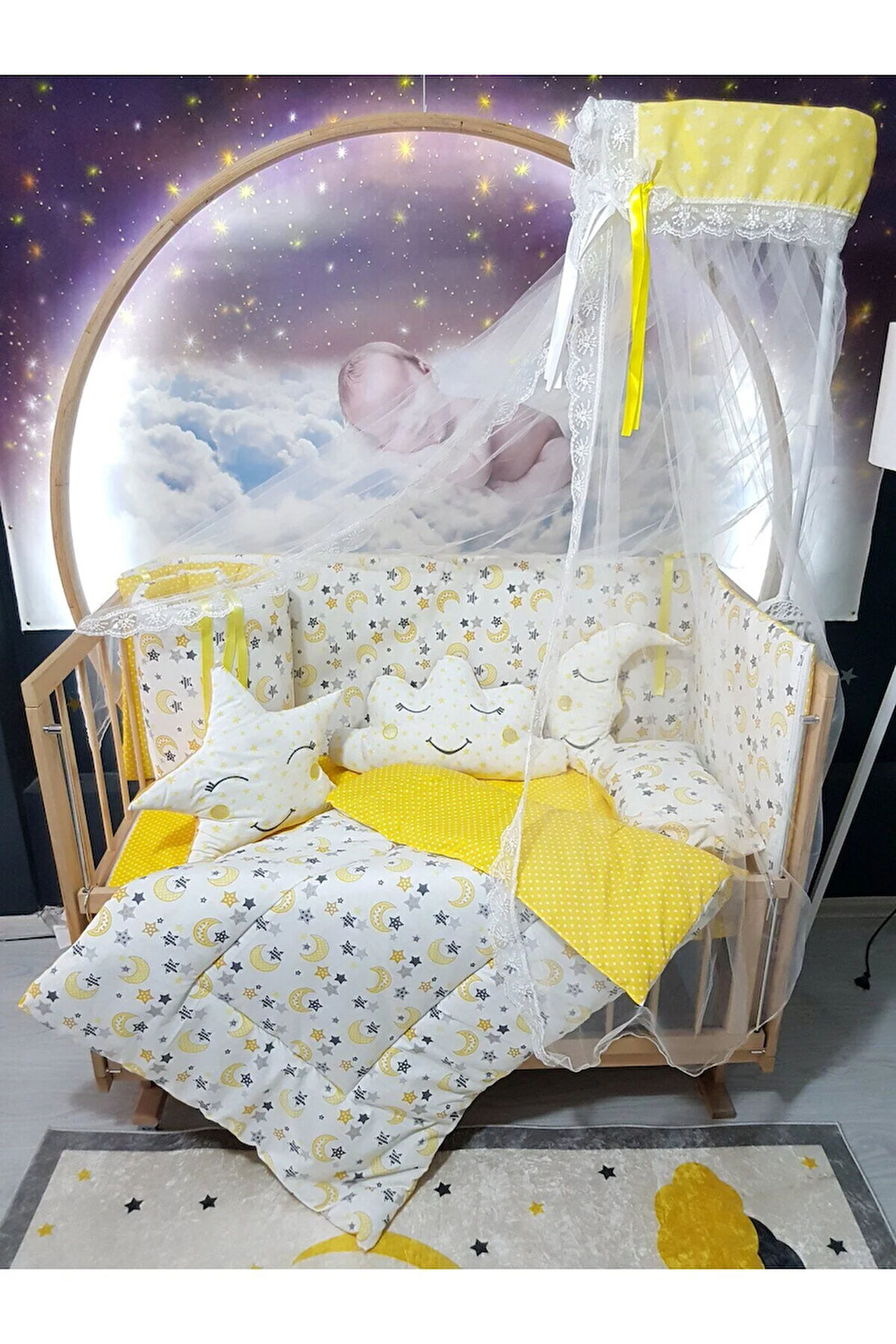 70x130 Bebek Uyku Seti - Cibinlik Ve Aparat Dahil - Ay Yıldız Desenli