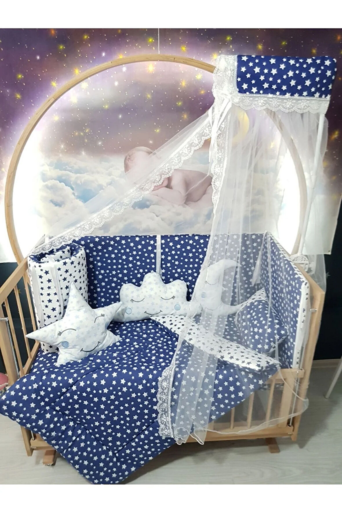 70x130 Bebek Uyku Seti - Cibinlik Ve Aparat - Lacivert Yıldız Desen