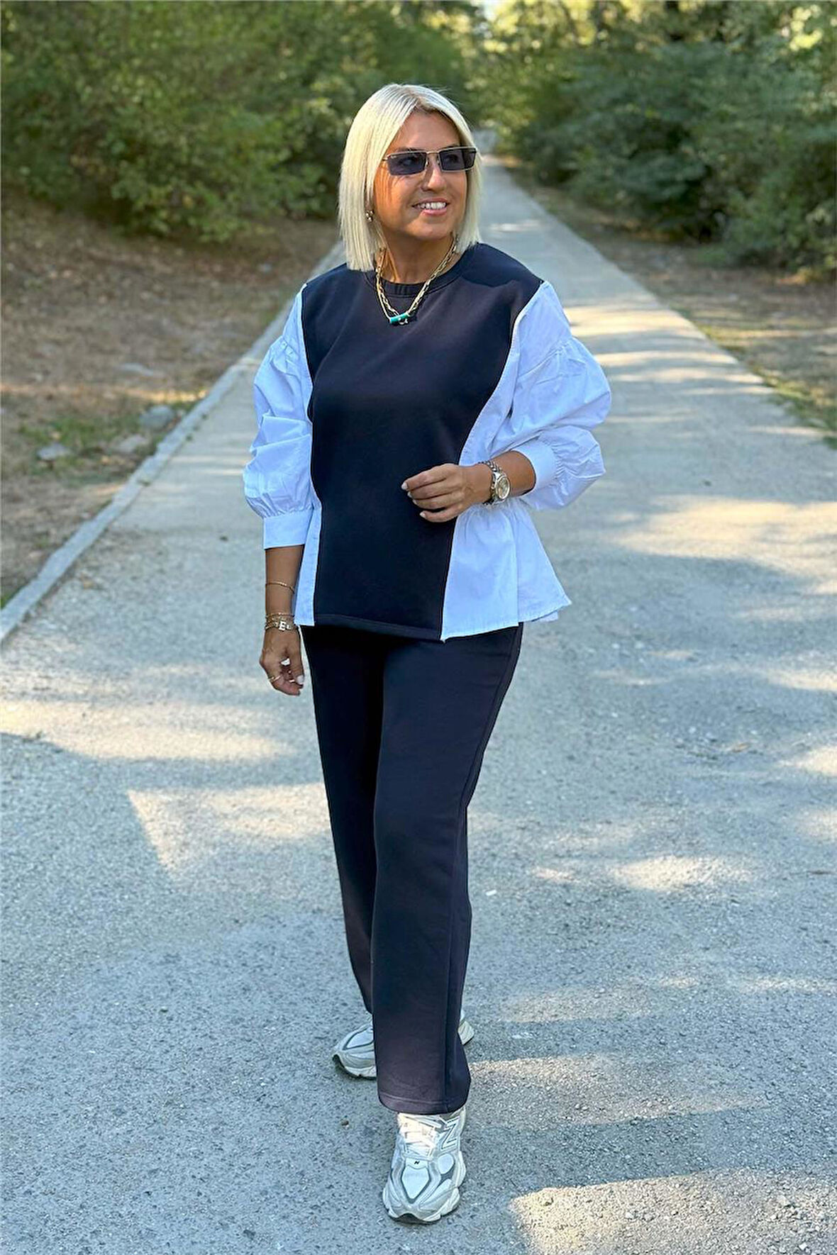 Lacivert Kolları Gömlek Garnili İkili Takım