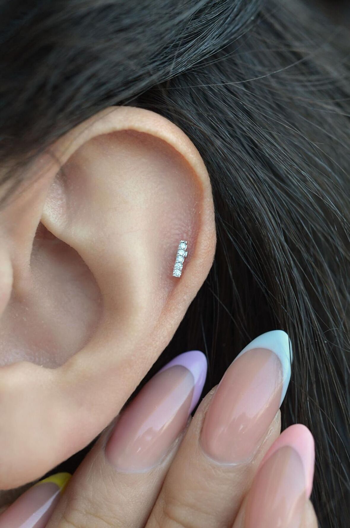 Gümüş Renkli Taşlı İnce Helix Piercing Tragus Kıkırdak Lob