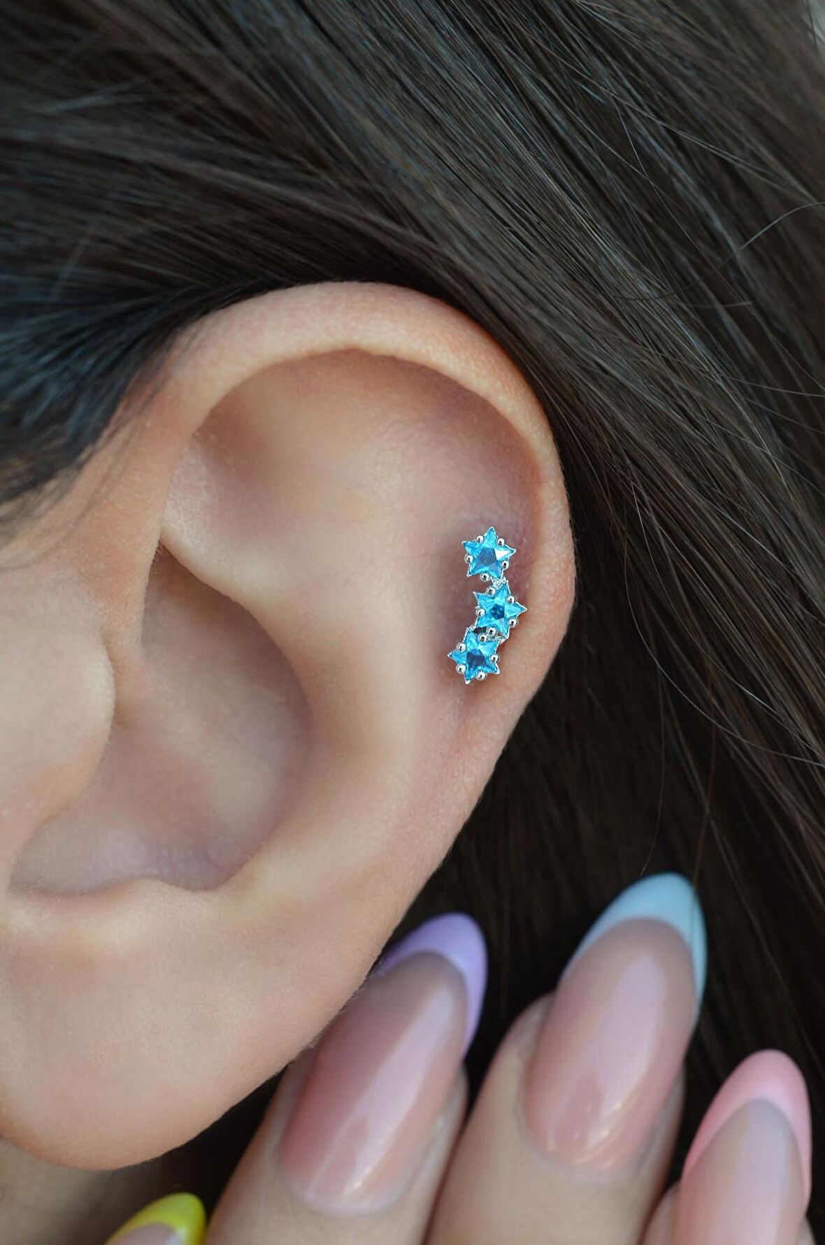 Gümüş Renkli Çelik Turquaz Mavi Yıldızlı Helix Piercing Kıkırdak Lob