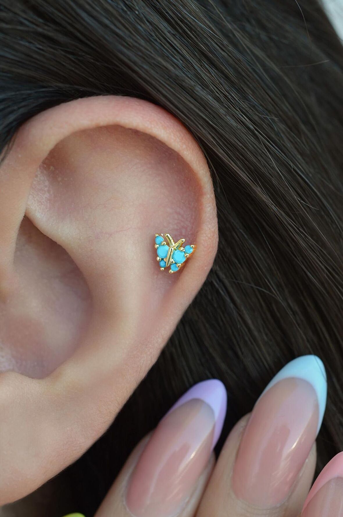 Gold Renkli Mavi Kelebekli Helix Piercing Kıkırdak Lob