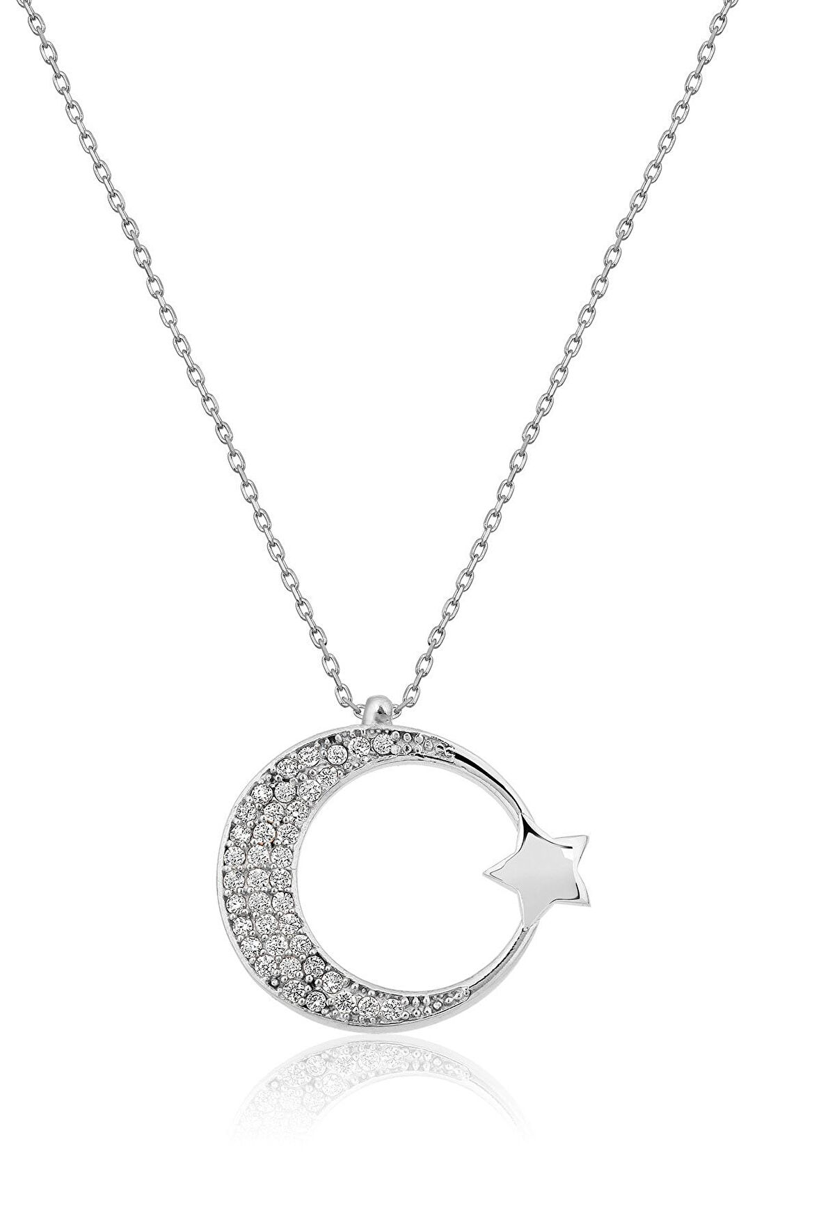 Ay Yıldız Figürlü Rodyum Kapalama Nano Zirkon Kolye