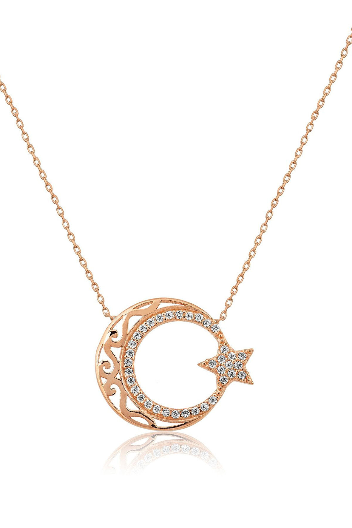 Motifli Ay Yıldız Figürlü Rose Altın Kaplama Nano Zirkon Kolye