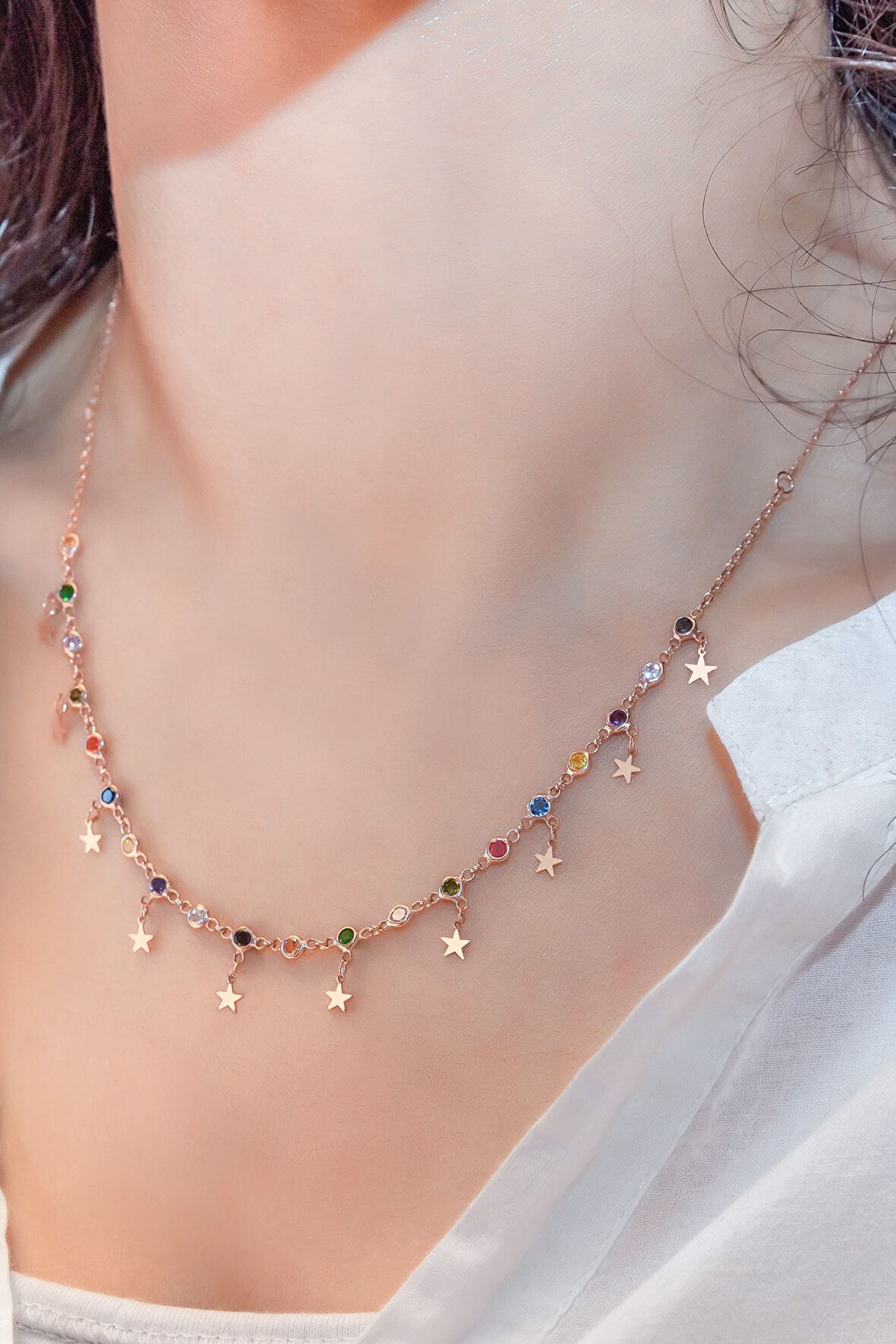 Yıldız Pullu Renk Cümbüşü Nano Zirkon Sıra Kolye. Özel Üretim Rose Altın Kaplama 925 Ayar Gümüş.