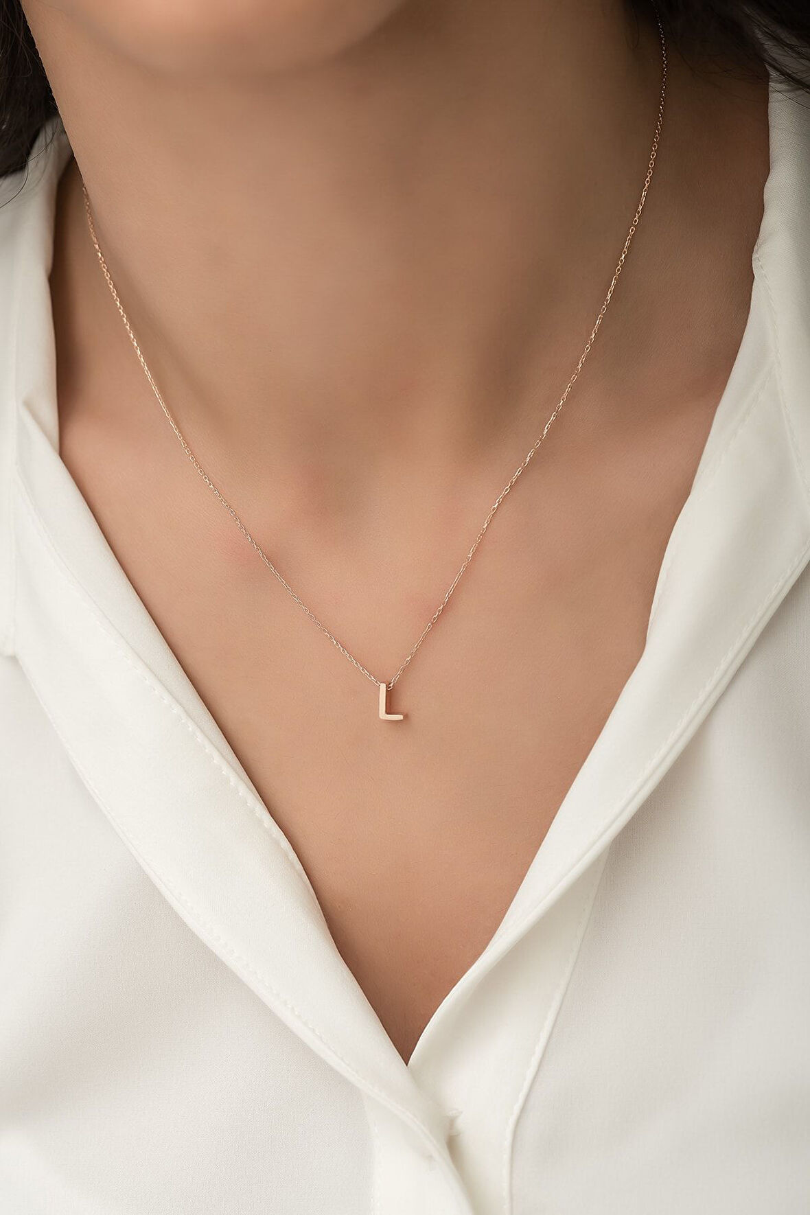 Harf Kolye. Üç Boyutlu L Harfi. Rose Altın Kaplama 925 Ayar Gümüş - Uvps100083