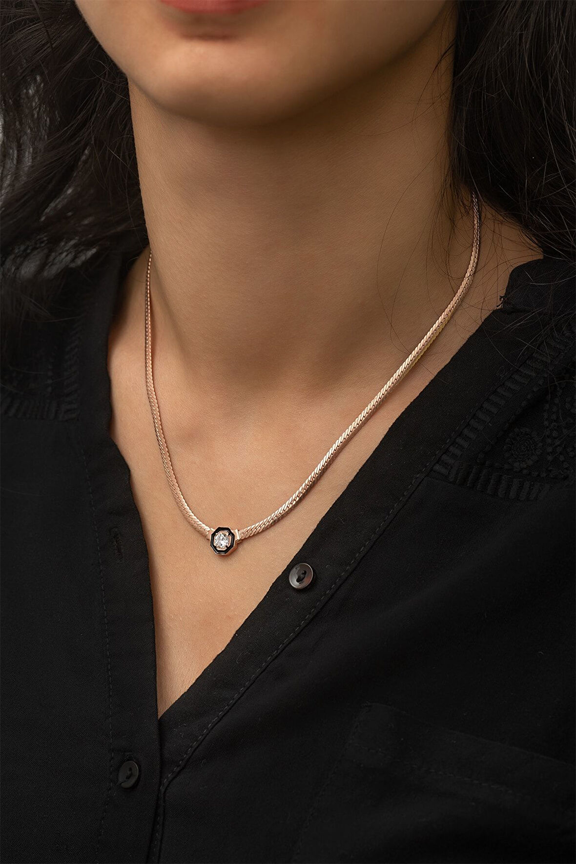 Yassı Zincir Nano Zirkon Taşlı Rose Gold Kaplama Kolye -  925 Ayar Gümüş  - UVPS100240