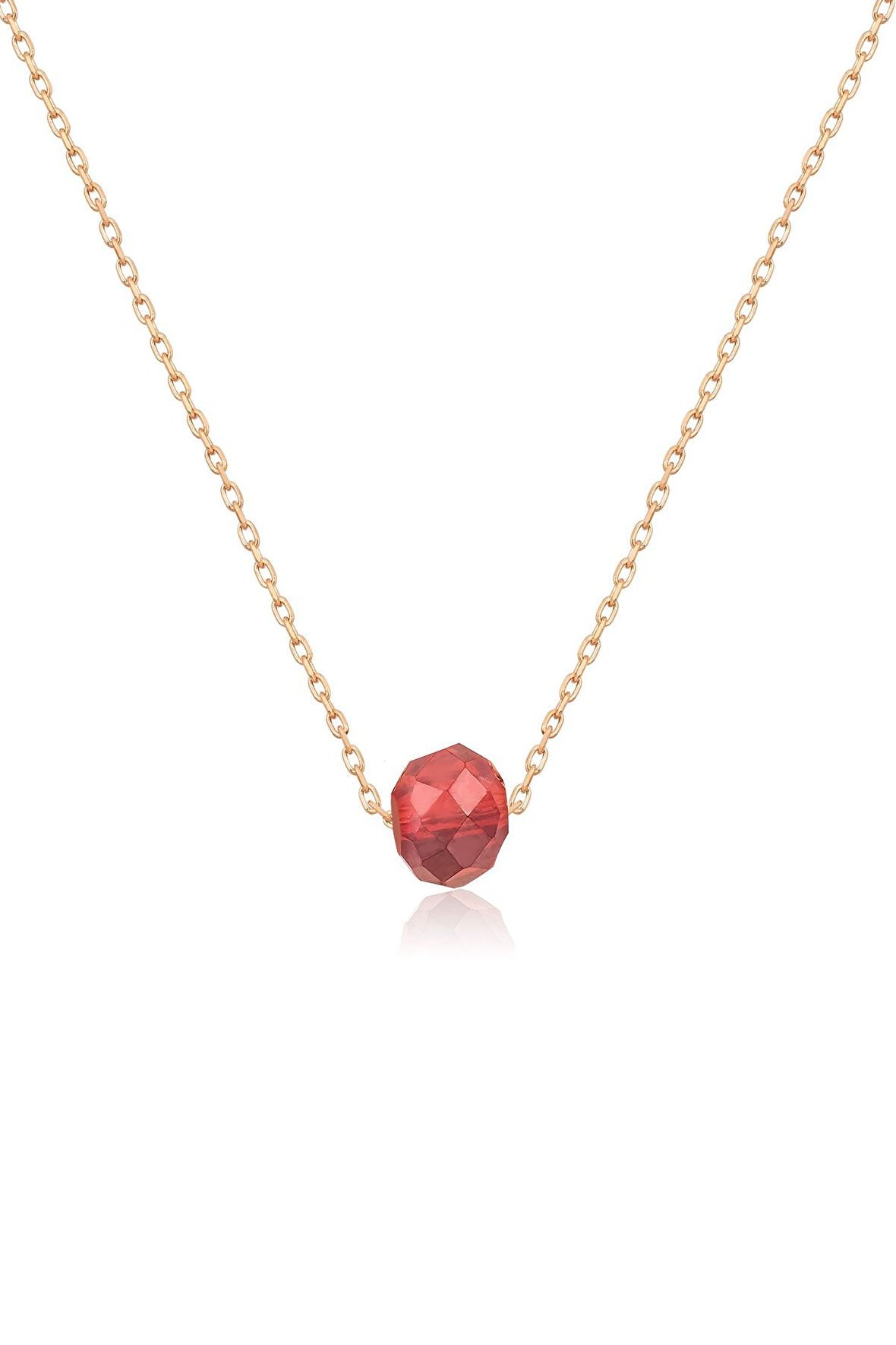 Fasetli Kırmızı Doğaltaşlı Rose Gold Kaplama 925 Ayar Gümüş Zincir Kolye UVPS100273