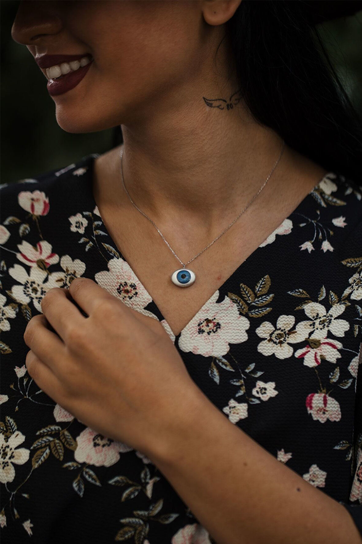 925 Ayar Rodyum Kaplama Zincirli Gümüş Göz Kolye