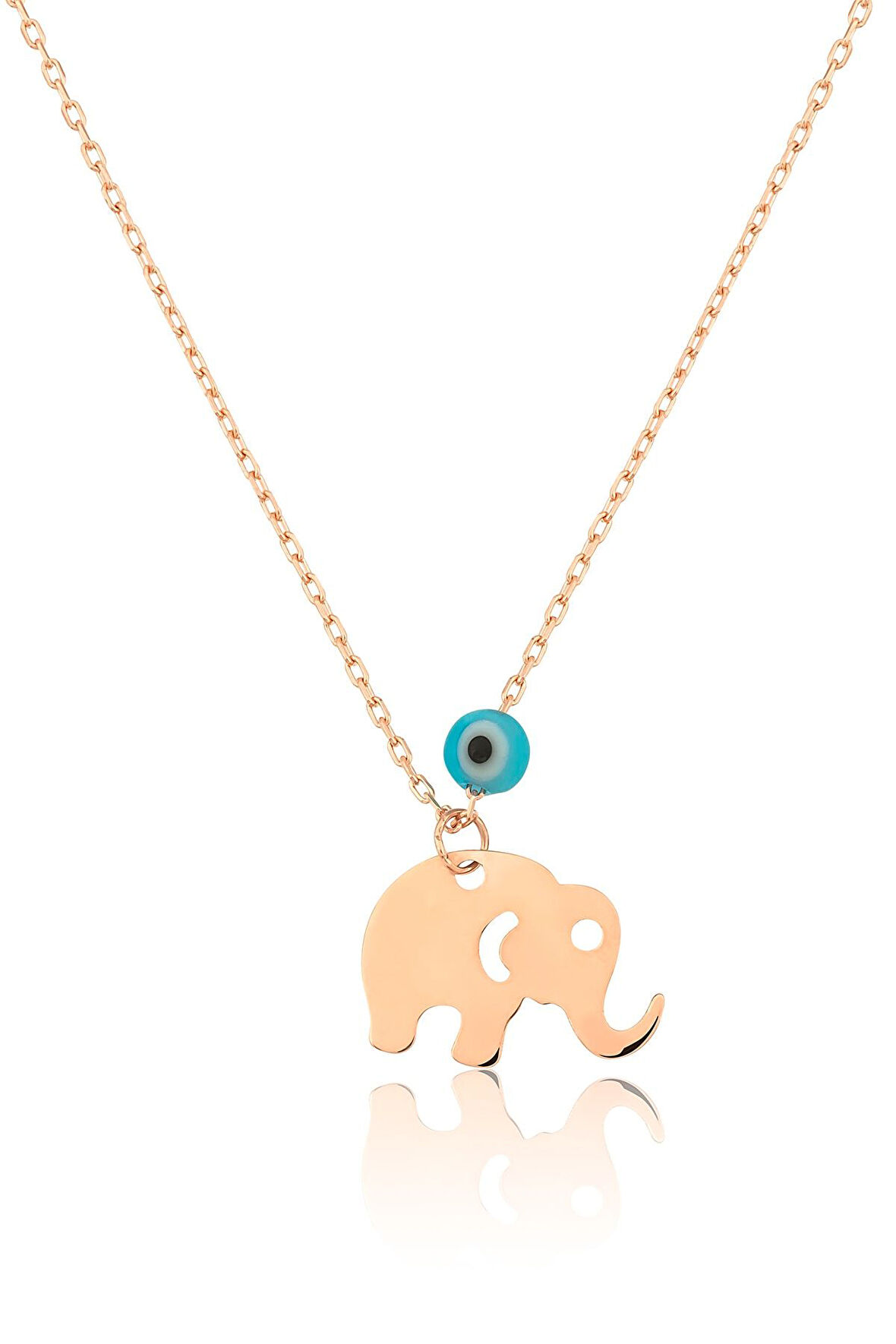 925 Ayar Nazar Boncuklu Rose Altın Kaplama Gümüş Fil Kolye