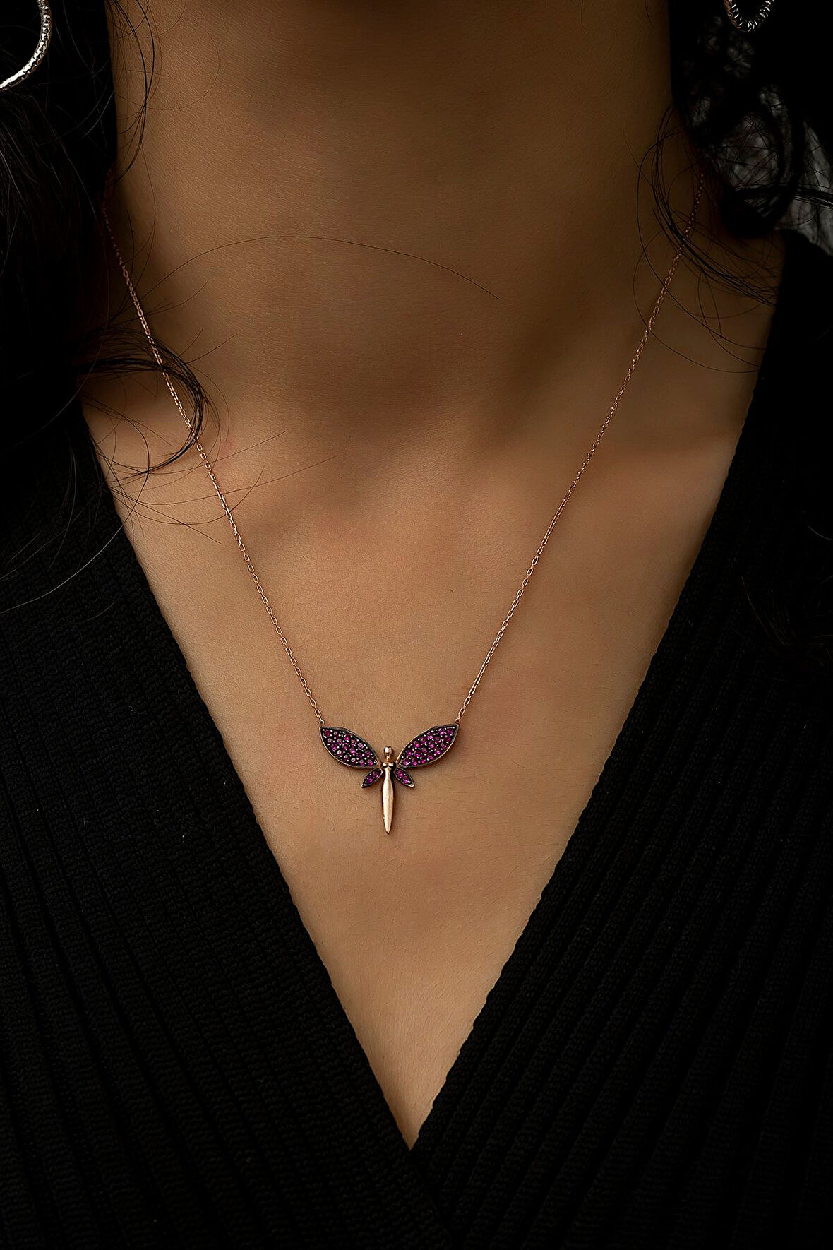 Fuşya Taşlı Rose Yusufçuk Gümüş Kolye