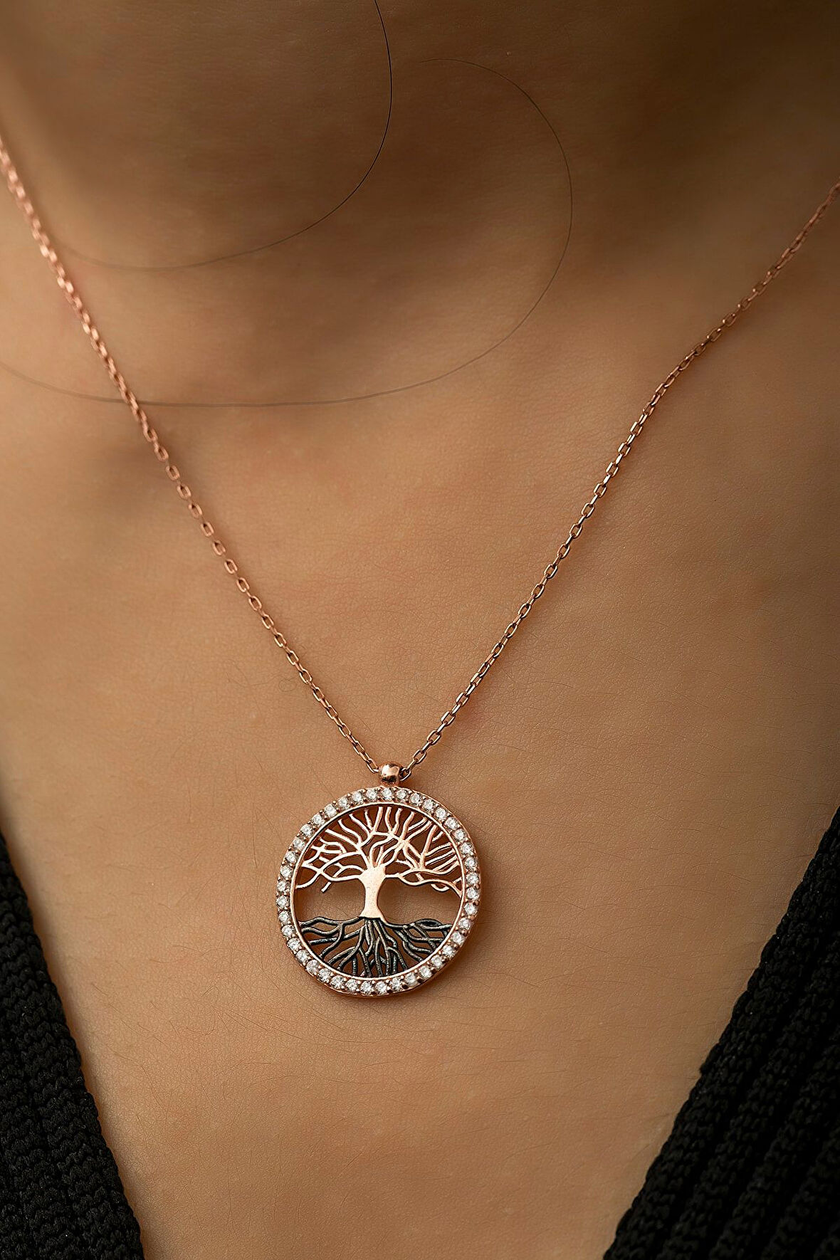 Rose Altın Kaplama Taşlı Ağaç Gümüş Kolye