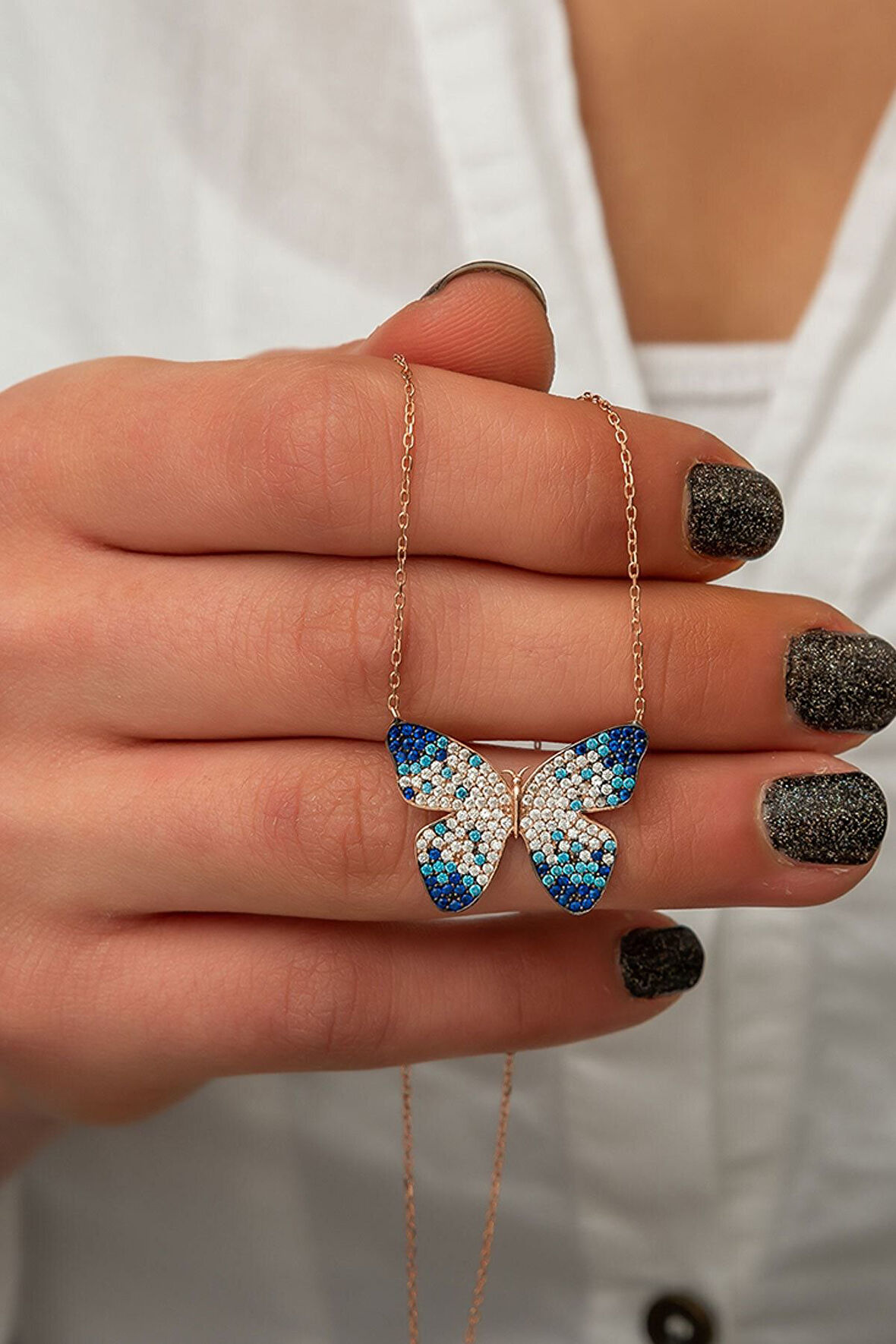 925 Ayar Mix Taşlı Gümüş Kelebek Kolye