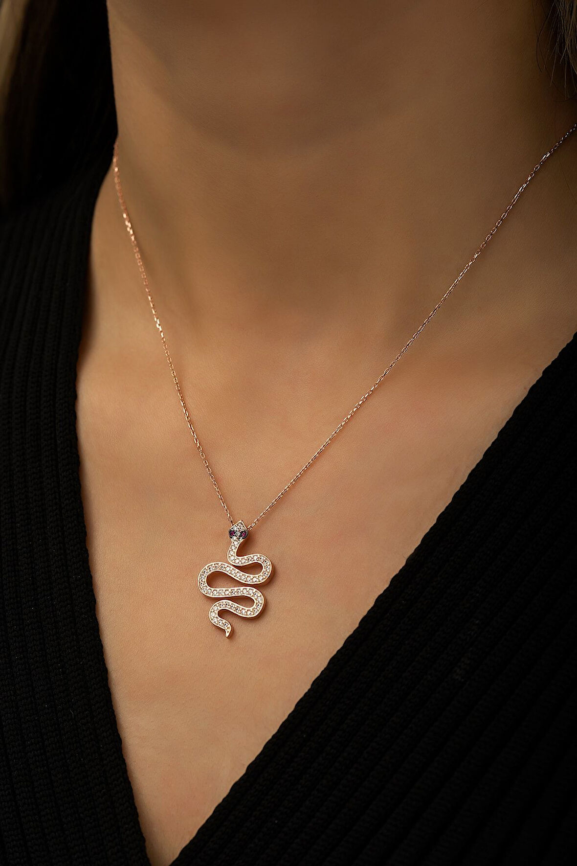Yılan Kolye Nano Zirkon Taşlı Rose Gold Kaplama 925 Ayar Gümüş  Kolye - Uvps100405