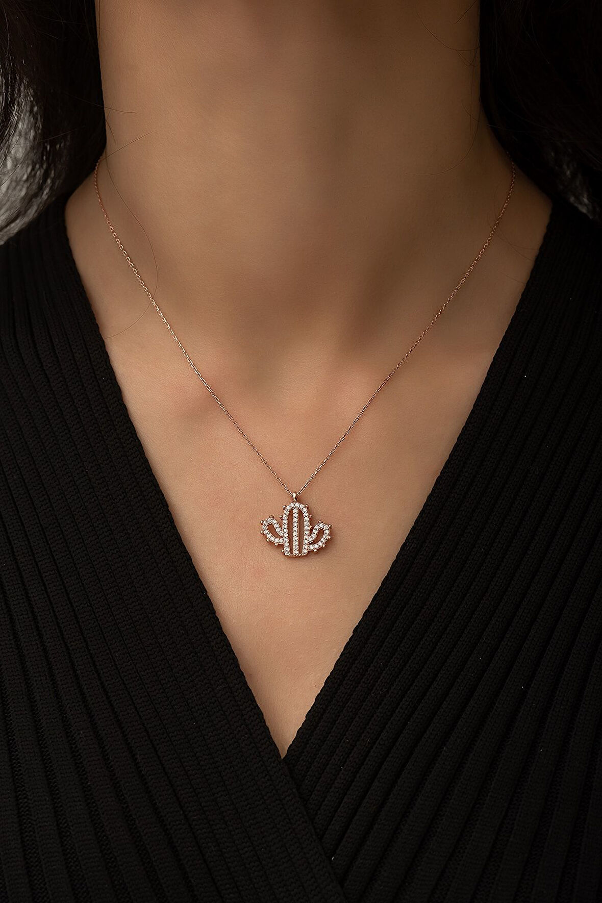 Kaktüs Kolye Nano Zikon Taşlı Rose Gold Kaplama 925 Ayar Gümüş Kolye - Uvps100433