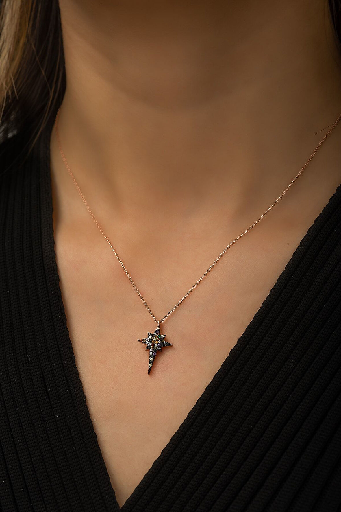 Kutup Yıdızı Renkli Mix Taşlı Kolye Rose Altın Kaplama 925 Ayar Gümüş - Uvps100439