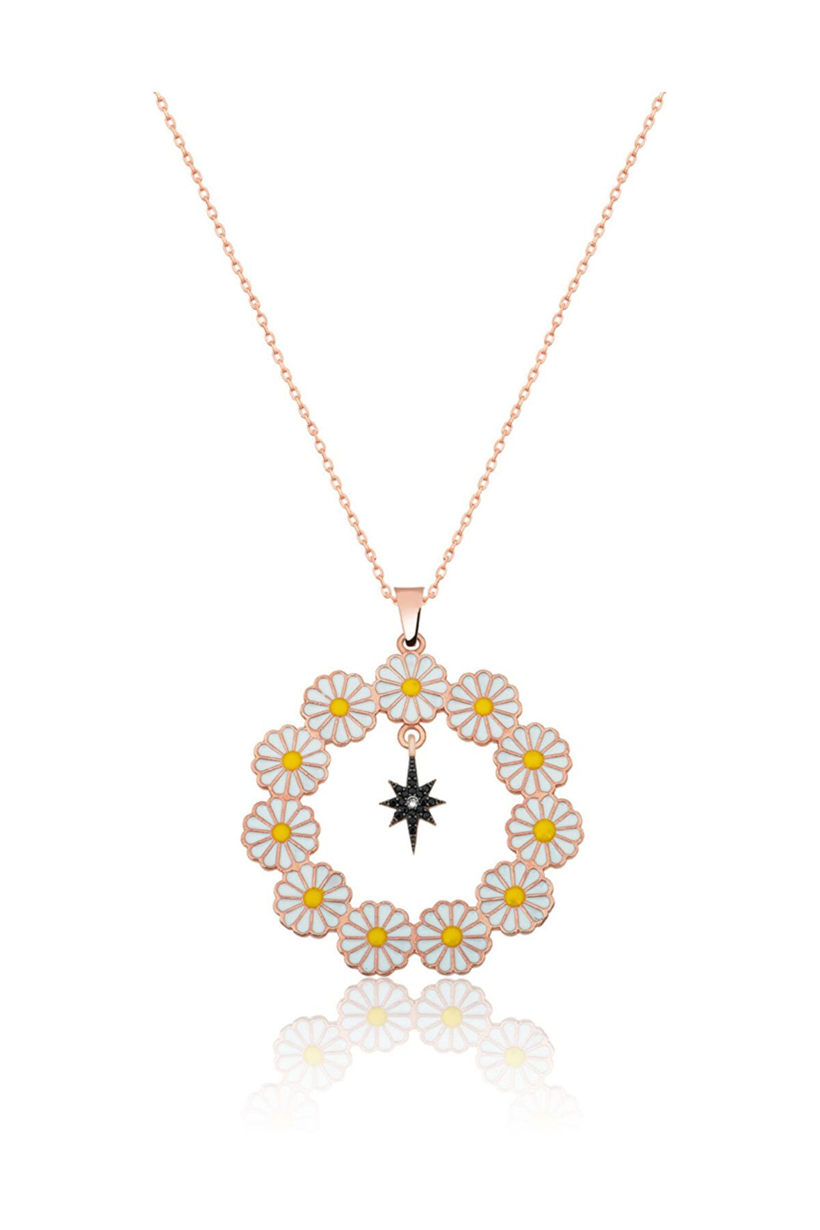 Papatya Çemberi Siyah Kutup Yıldızı Sallantılı Gümüş Kolye Uvps100513