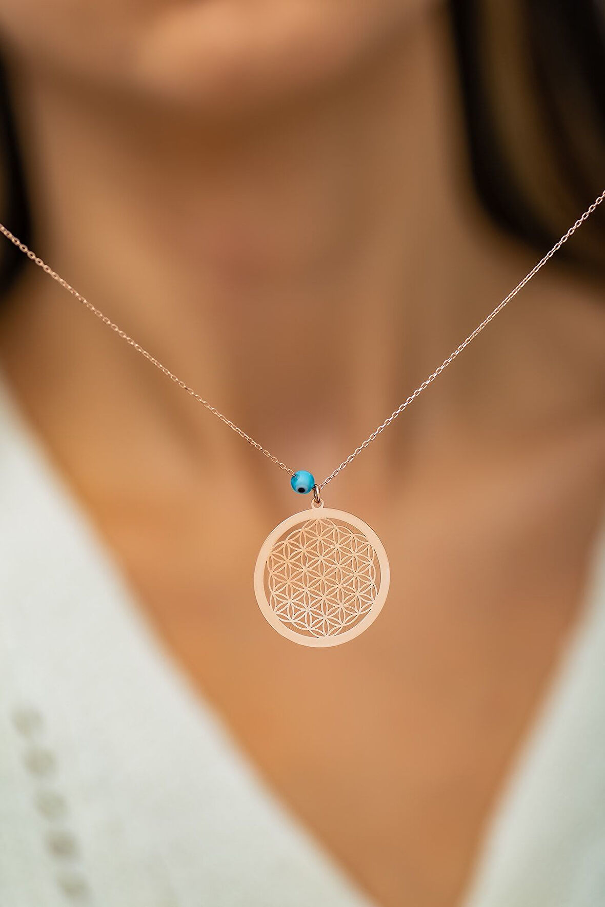 Yaşam Çiçeği Kolye Nazar Gözlü Rose Altın Kaplama 925 Ayar Gümüş Uvps100526