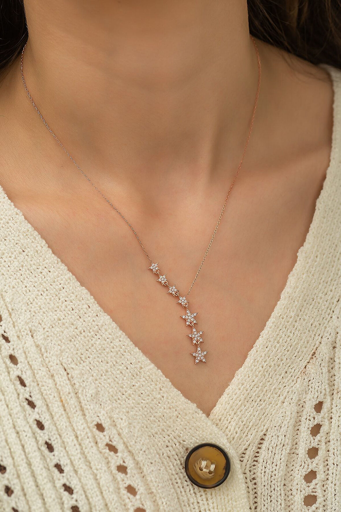 Kayan Yıldızlar Kolye Nano Zirkon Taşlı Rose Altın Kaplama Gümüş