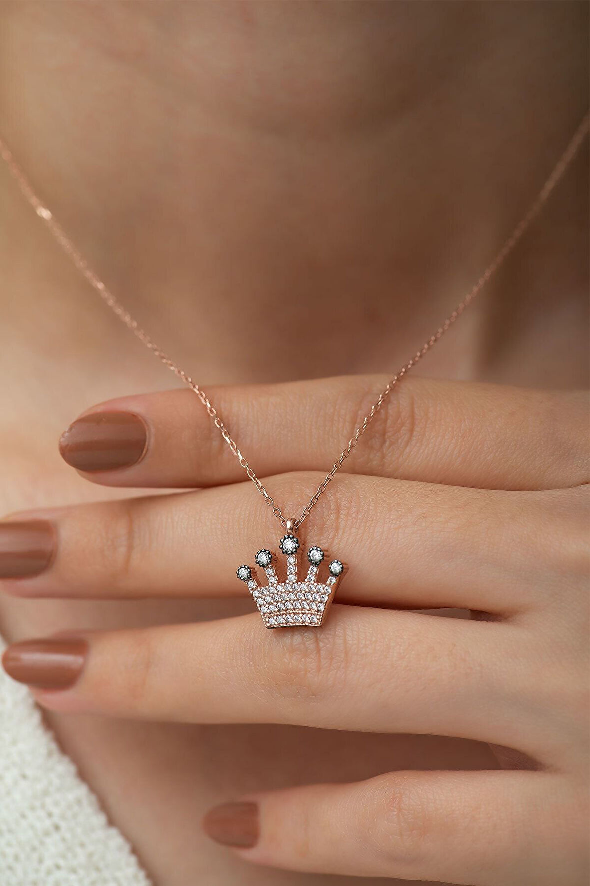 925 Ayar Gümüş Kraliçe Tacı Kolye Rose Altın Kaplama