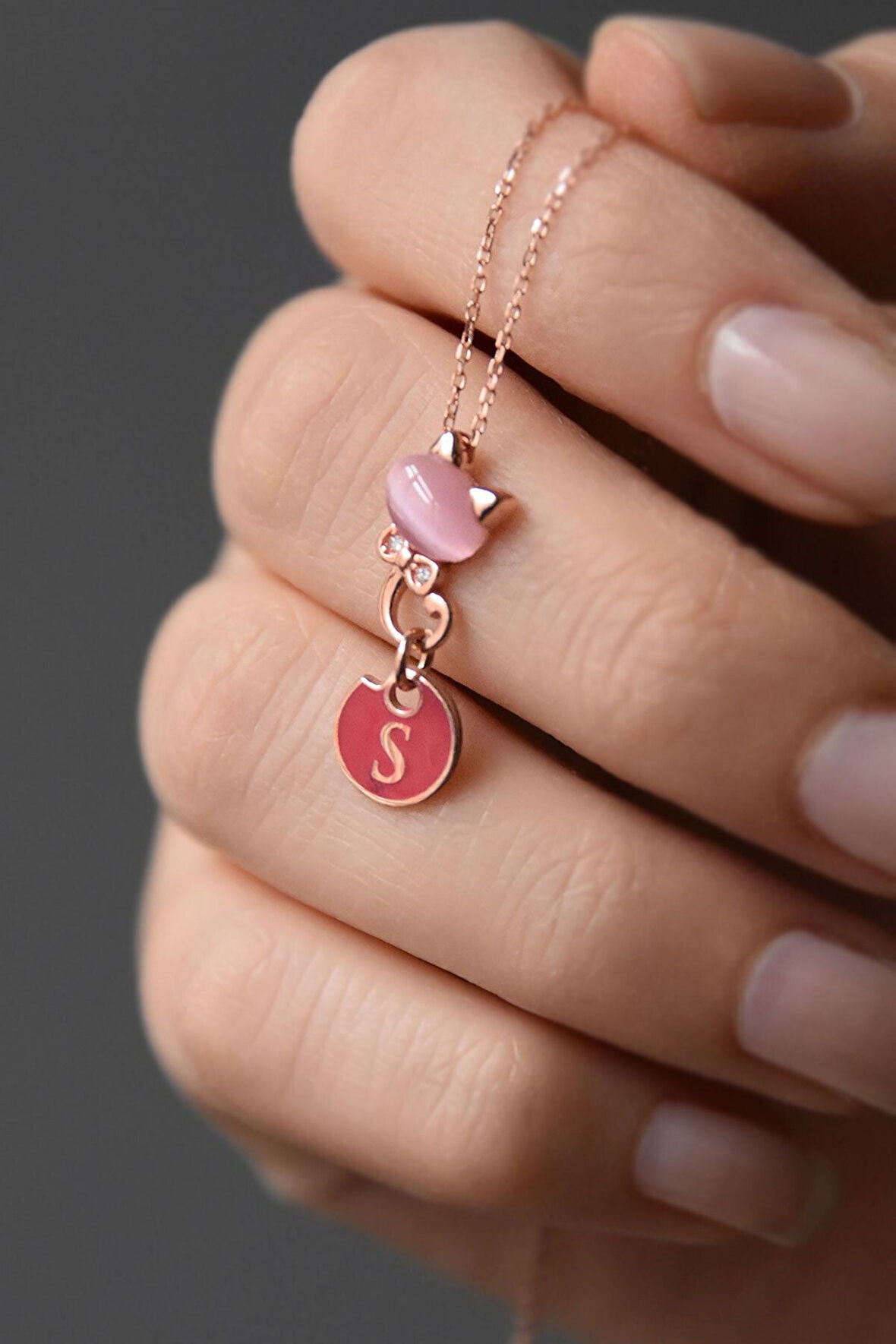 925 Ayar Gümüş Rose Kaplama Ay Taşı S Harfli Kedi Kolye