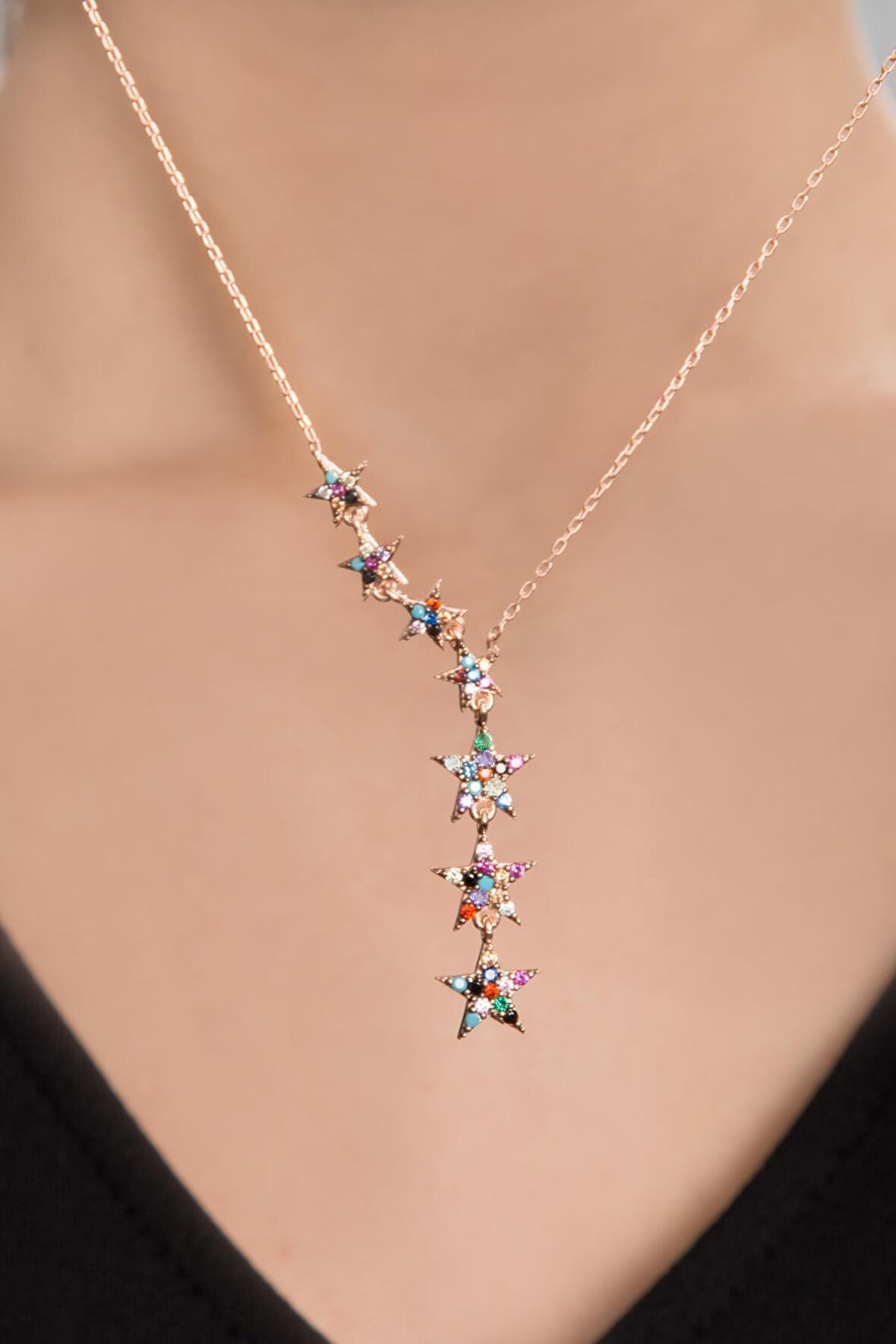 925 Ayar Gümüş Renkli Taşlı Kayan Yıldızlar Kolye