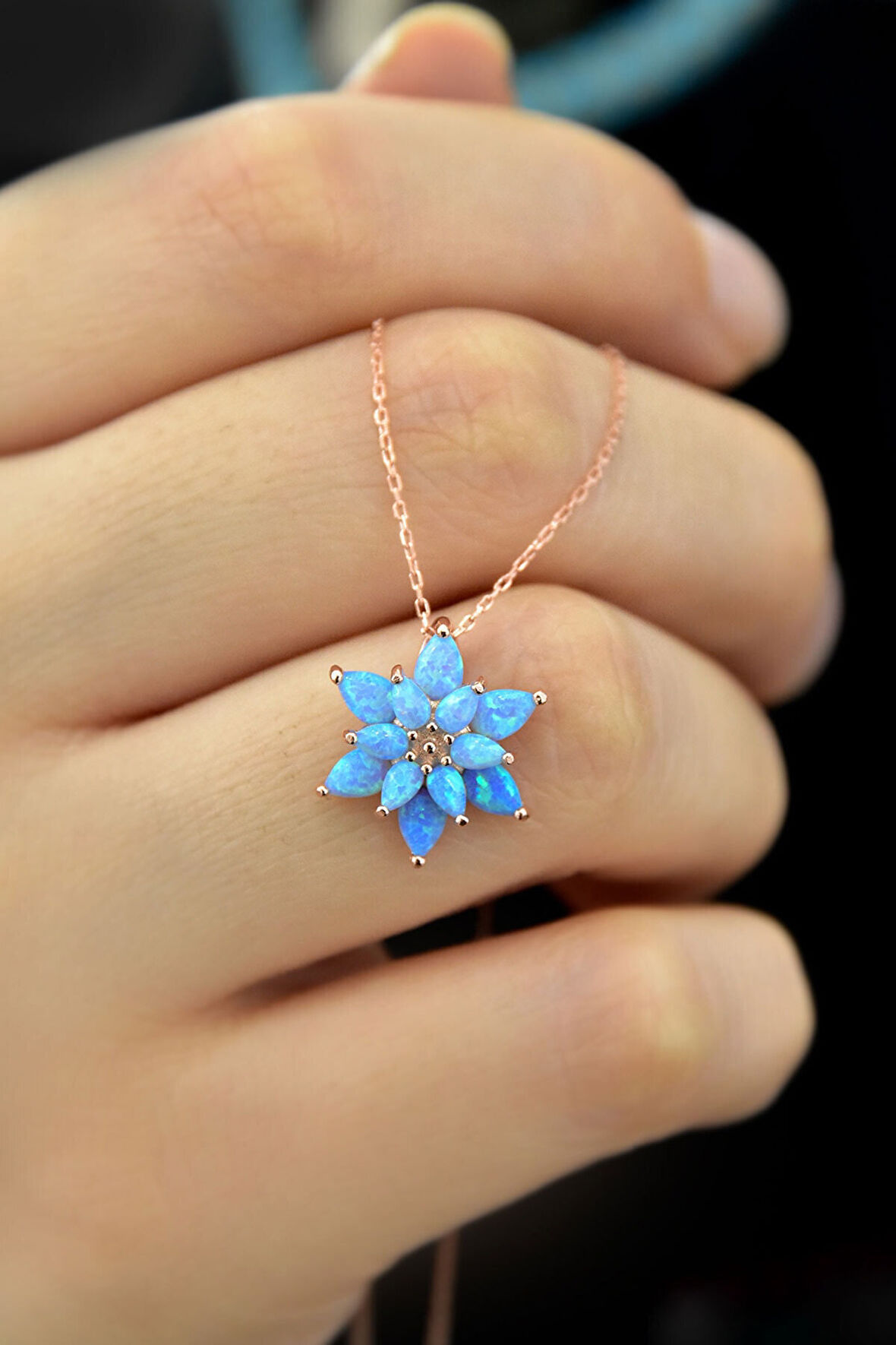 925 Ayar Gümüş Turkuaz Doğal Opal Taşlı Lotus Kolye