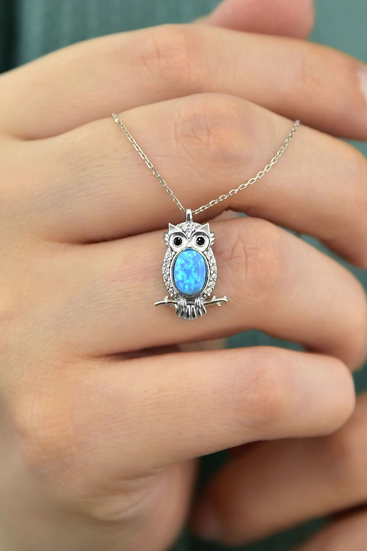 925 Ayar Gümüş Rodyum Kaplama Opal Baykuş Kolye