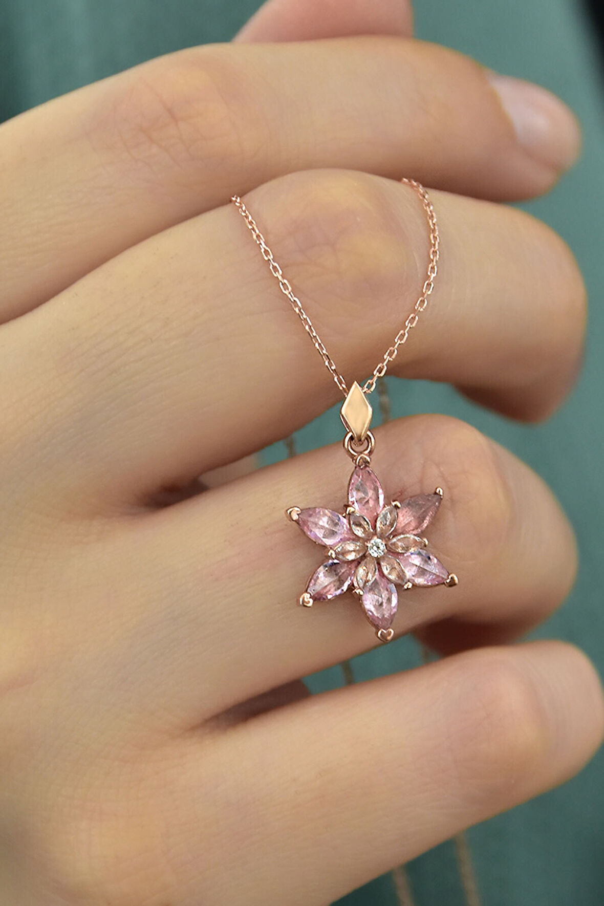 925 Ayar Gümüş Rose Kaplma Tepelikli Pembe Lotus Kolye