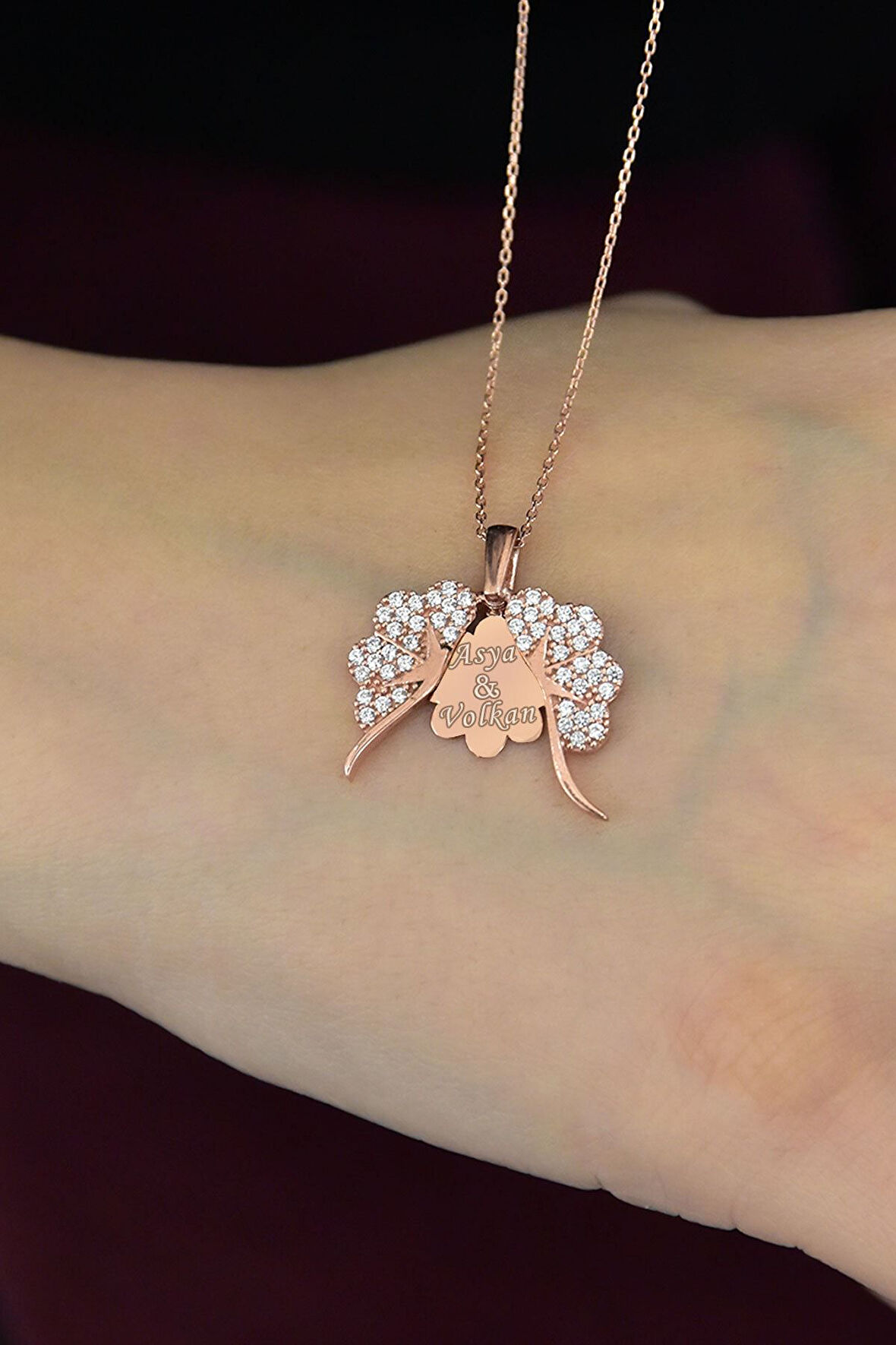 925 Ayar Gümüş Rose Altın Kaplama Isimli Yonca Kolye