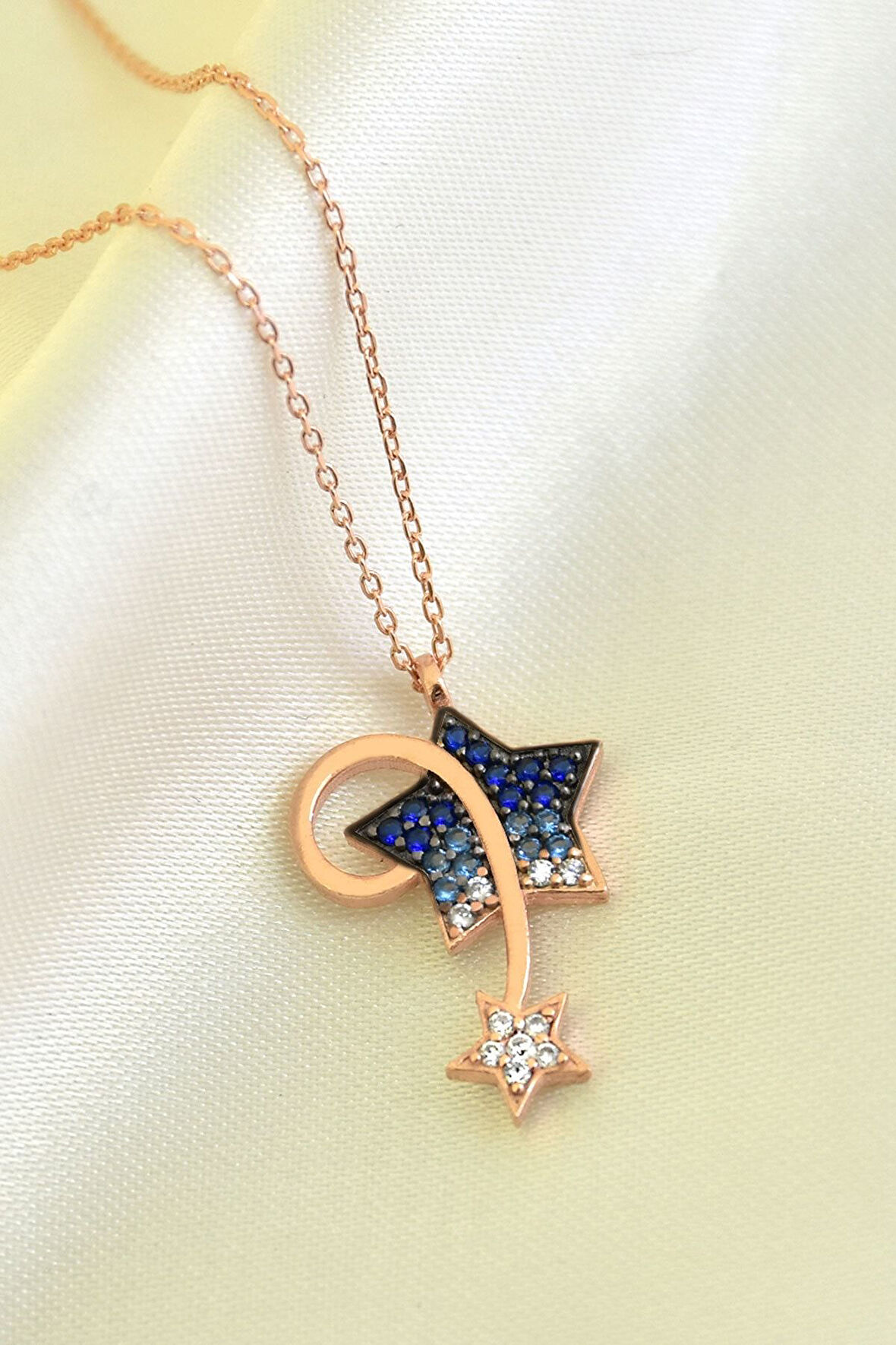 925 Ayar Gümüş Rose Kaplama Mavi Akışlı Kayan Yıldız Kolye