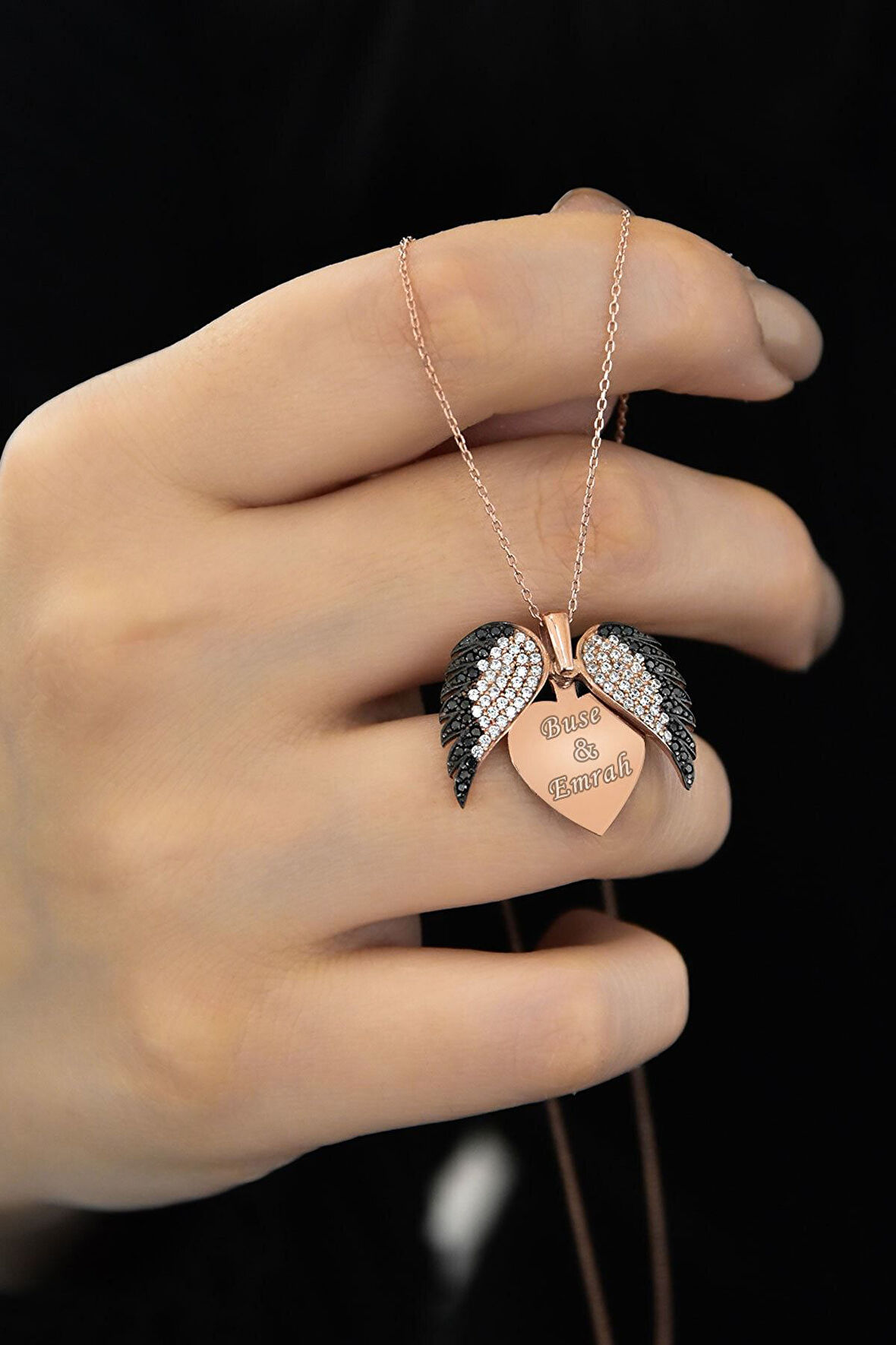 925 Ayar Rose Kaplama Aşkın Kanatları Gümüş Kalp Kolye