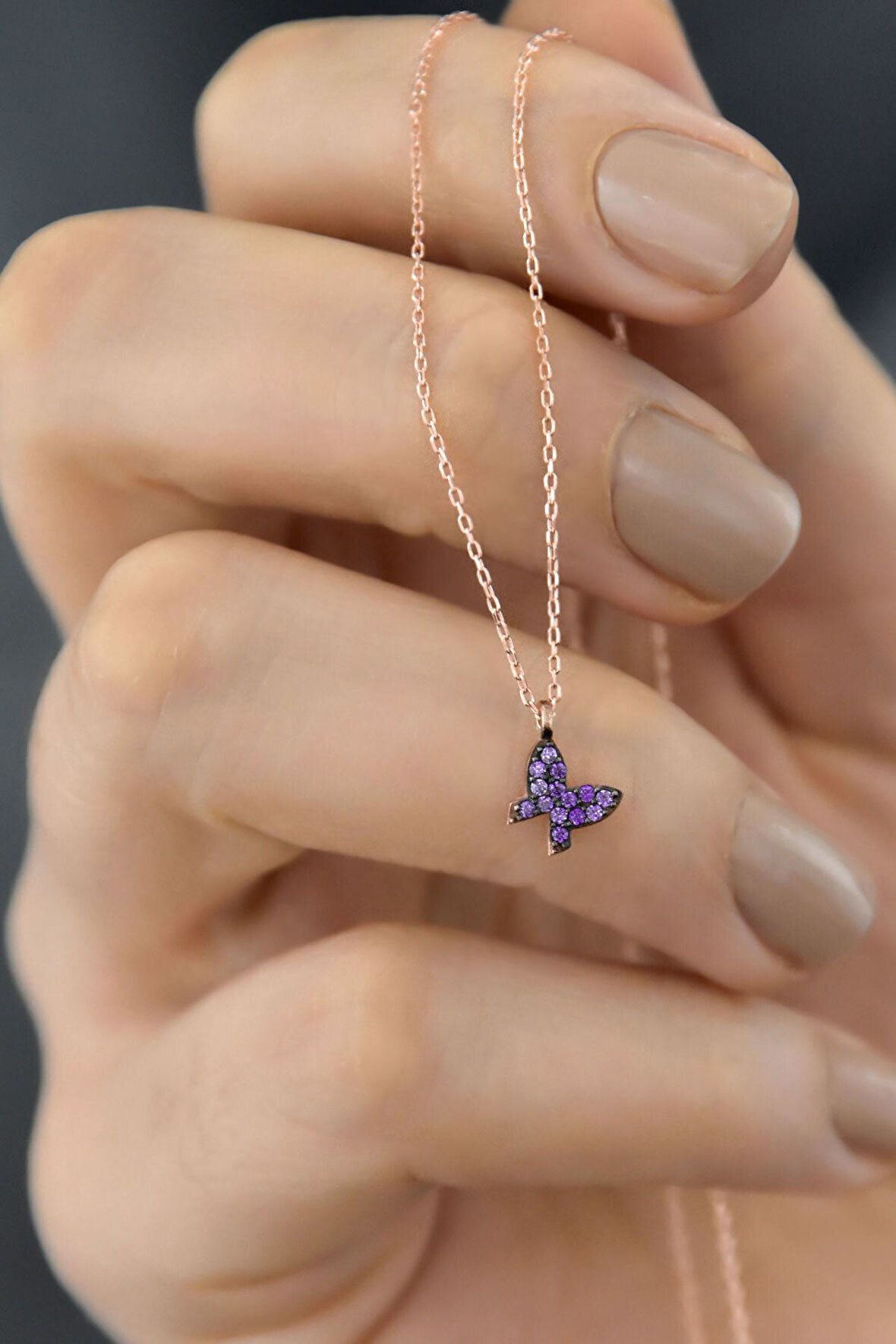 925 Ayar Gümüş Ametist Taşlı Mini Kelebek Kadın Kolye