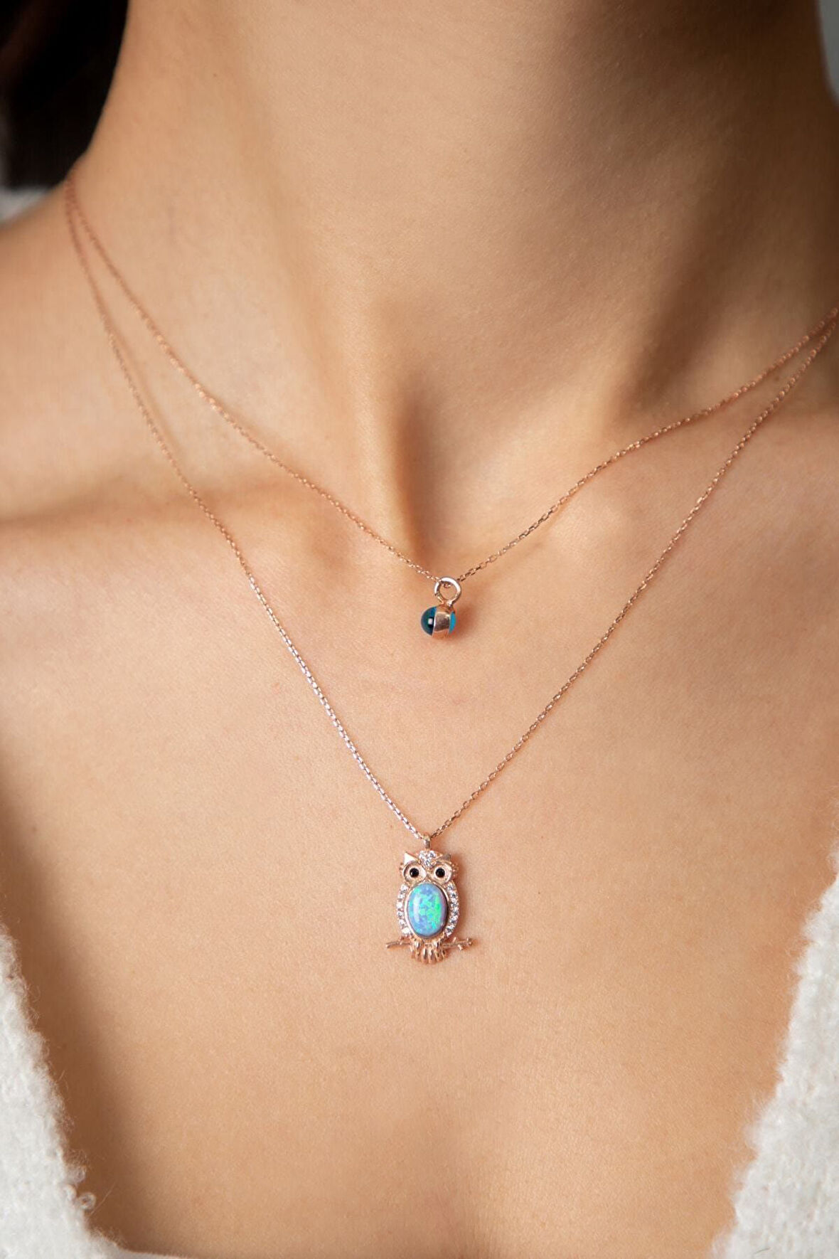 Kadın Asansörlü Opal Taşlı Baykuş Ve Nazar Model 925 Ayar Gümüş Kolye